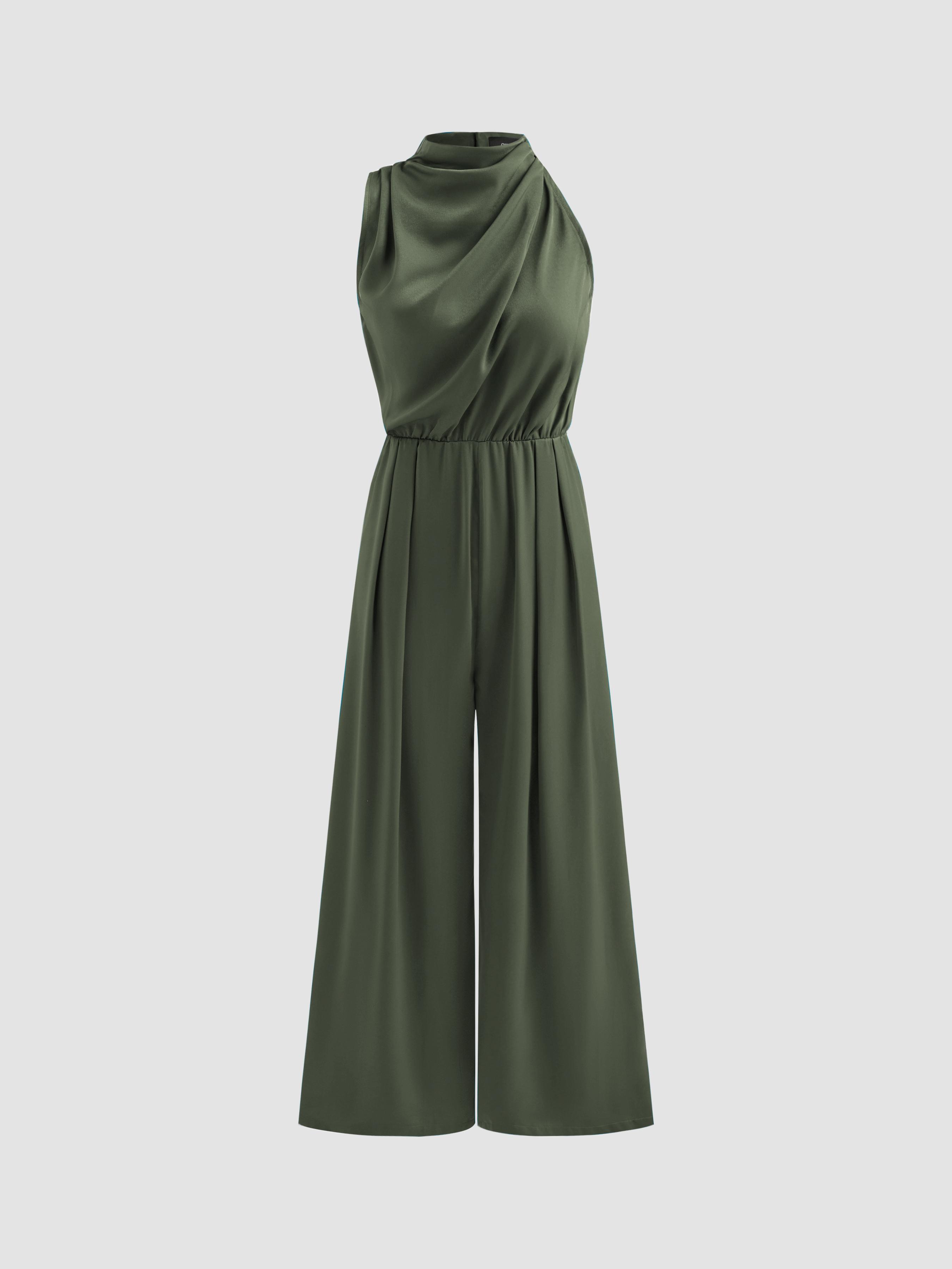Satin High Neck Solid Zipper Pleated Wide Leg Jumpsuit by CIDER