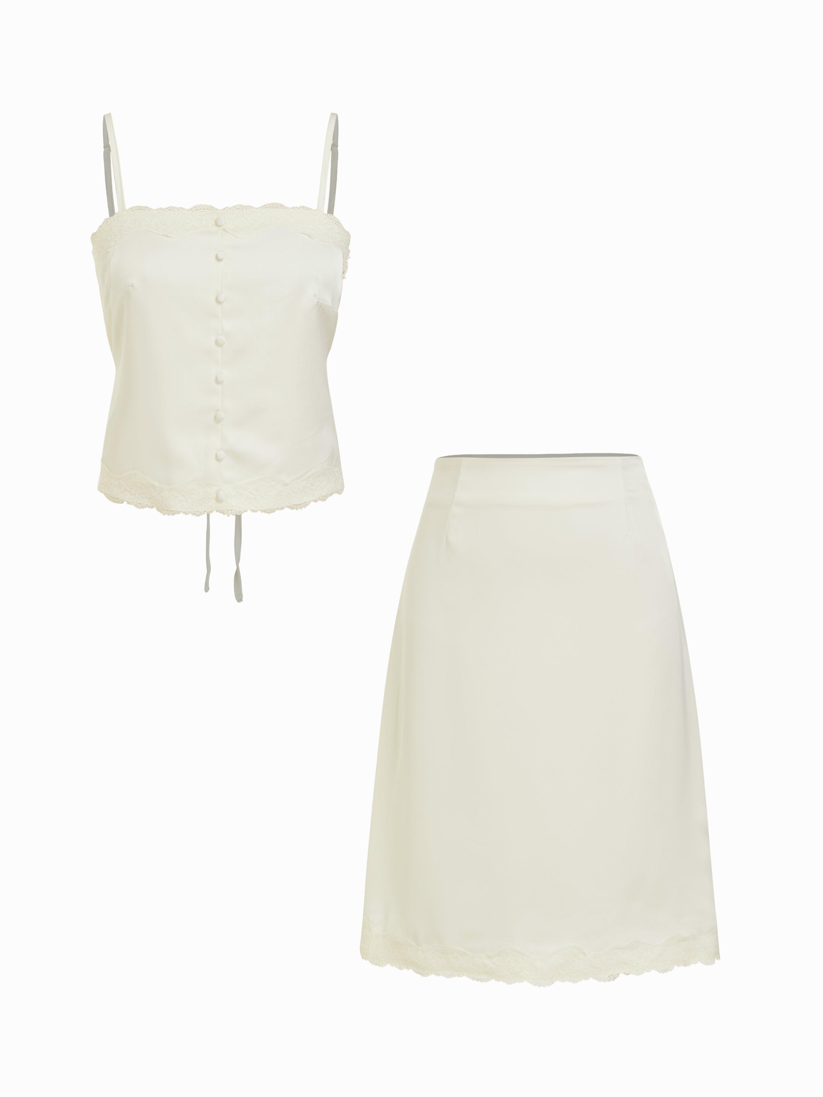 Satin Lace Trim Button Cami Top & Mid Rise Midi Skirt Set by CIDER