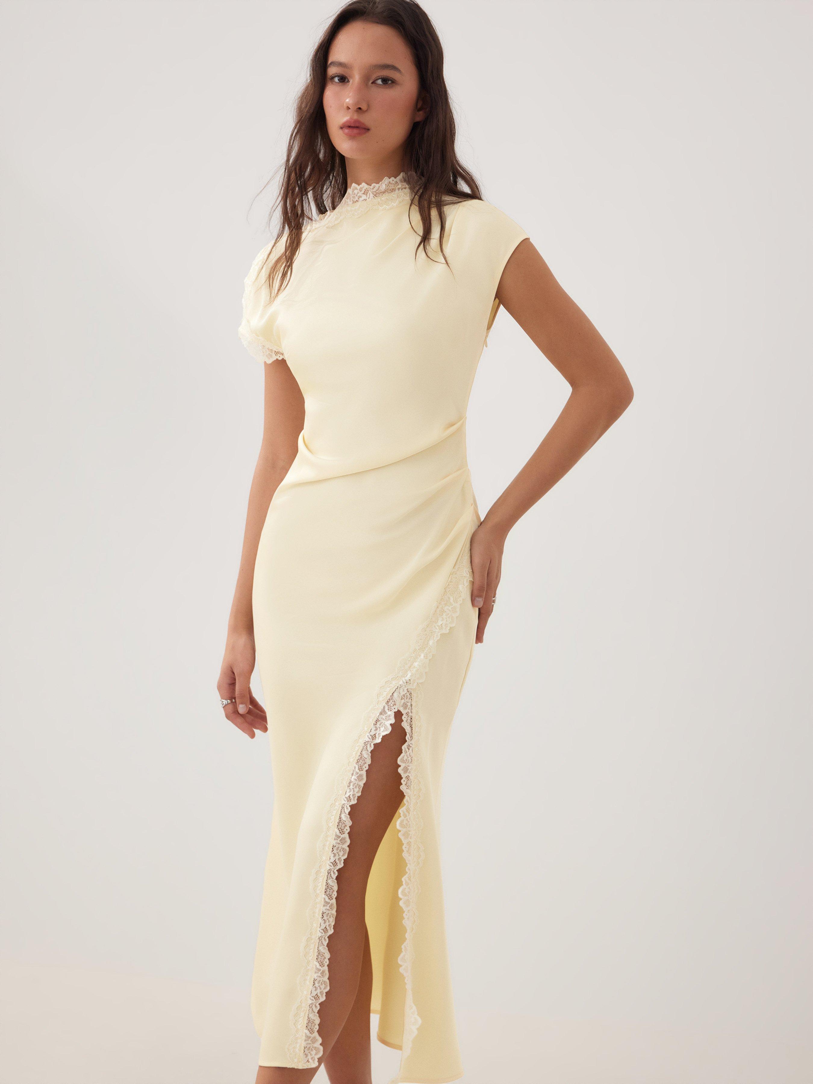 Satin Lace Trim Split Mermaid Maxi Dress by CIDER
