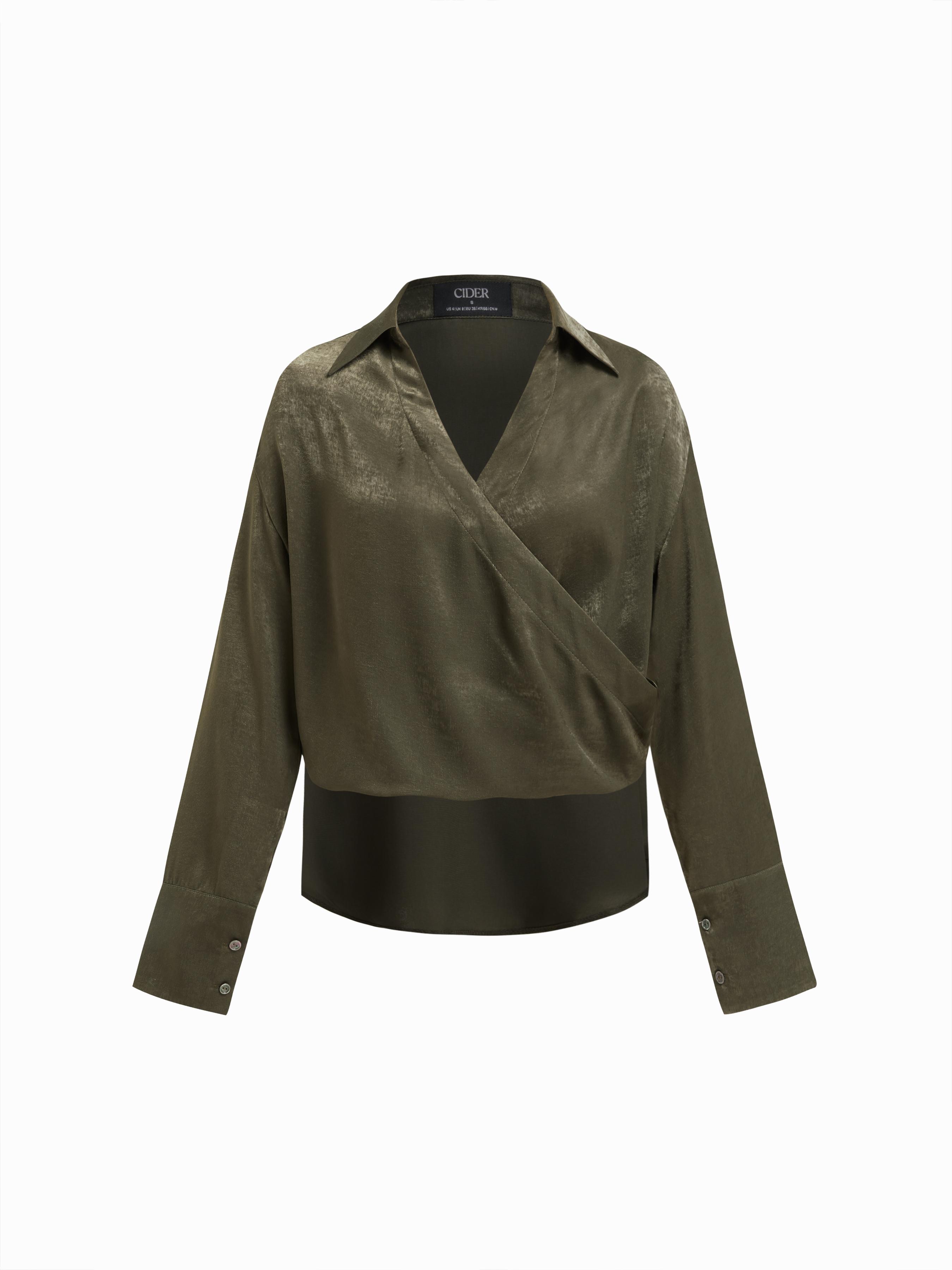 Satin Long Sleeve Wrap Front Blouse by CIDER