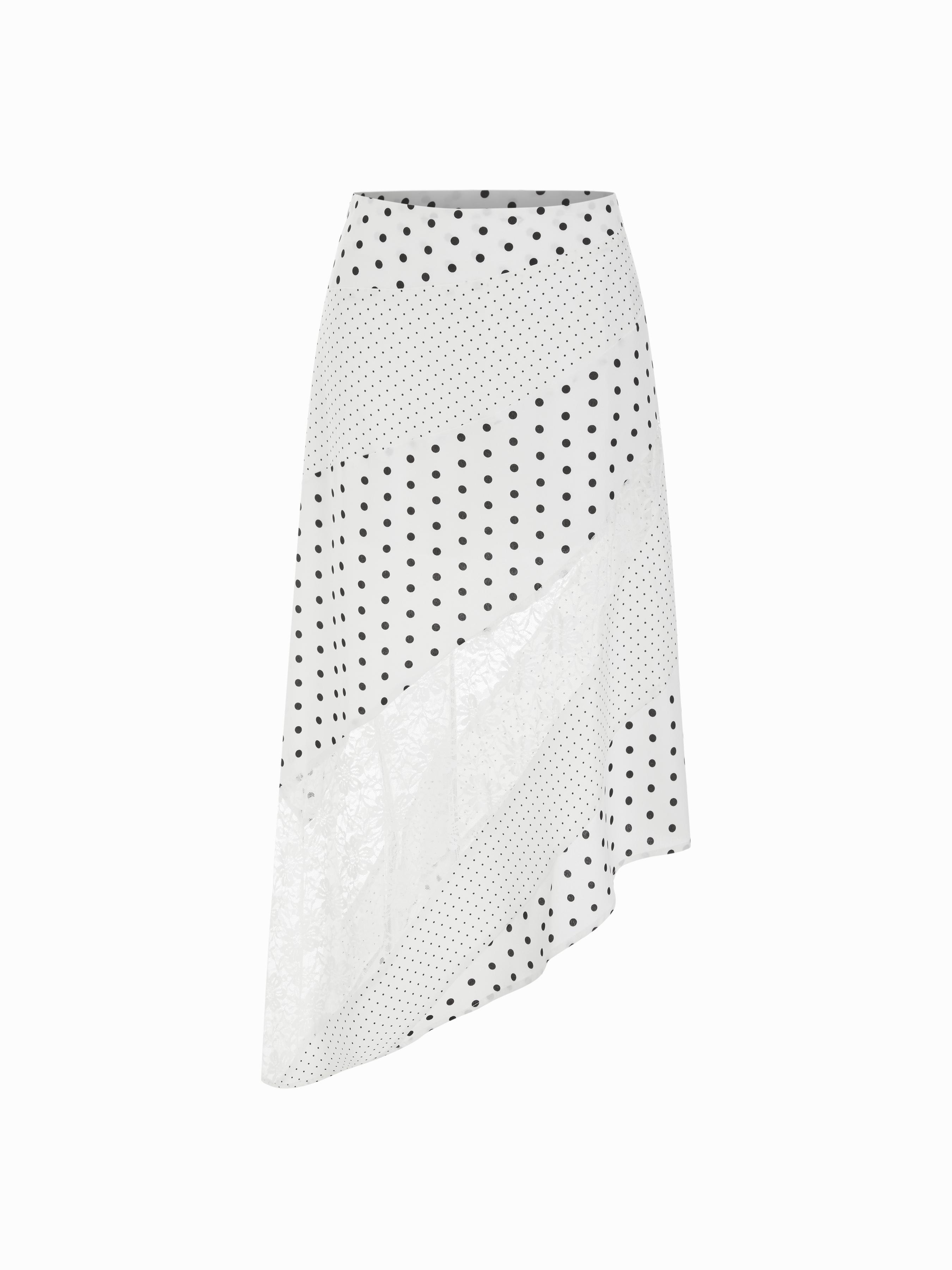 Satin Low Rise Polka Dot Lace Panel Asymmetrical Flared Midi Skirt by CIDER