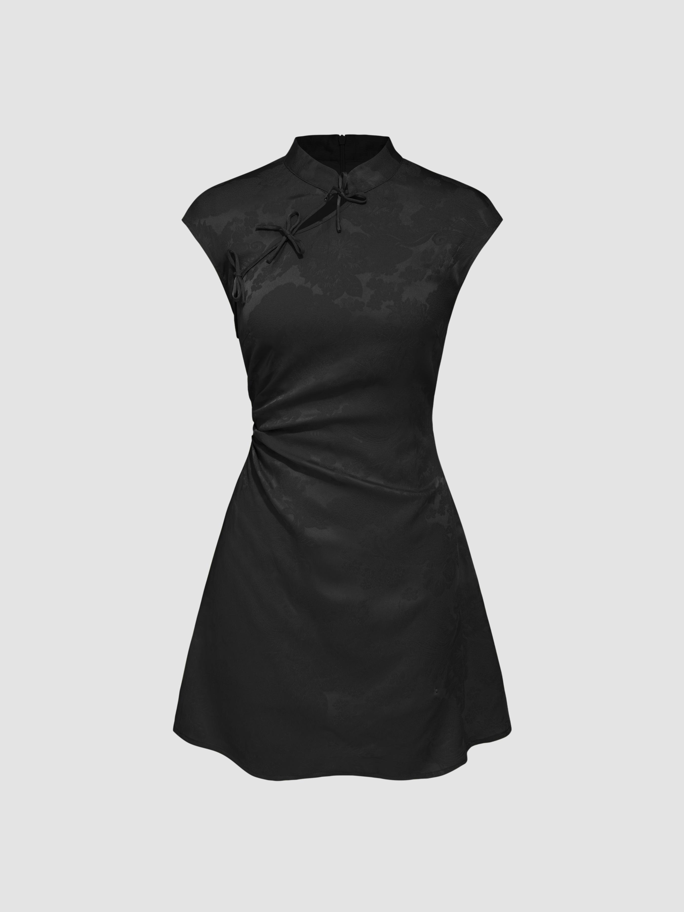 Satin Mandarin Collar Floral Tie Front Ruched Mini Dress by CIDER