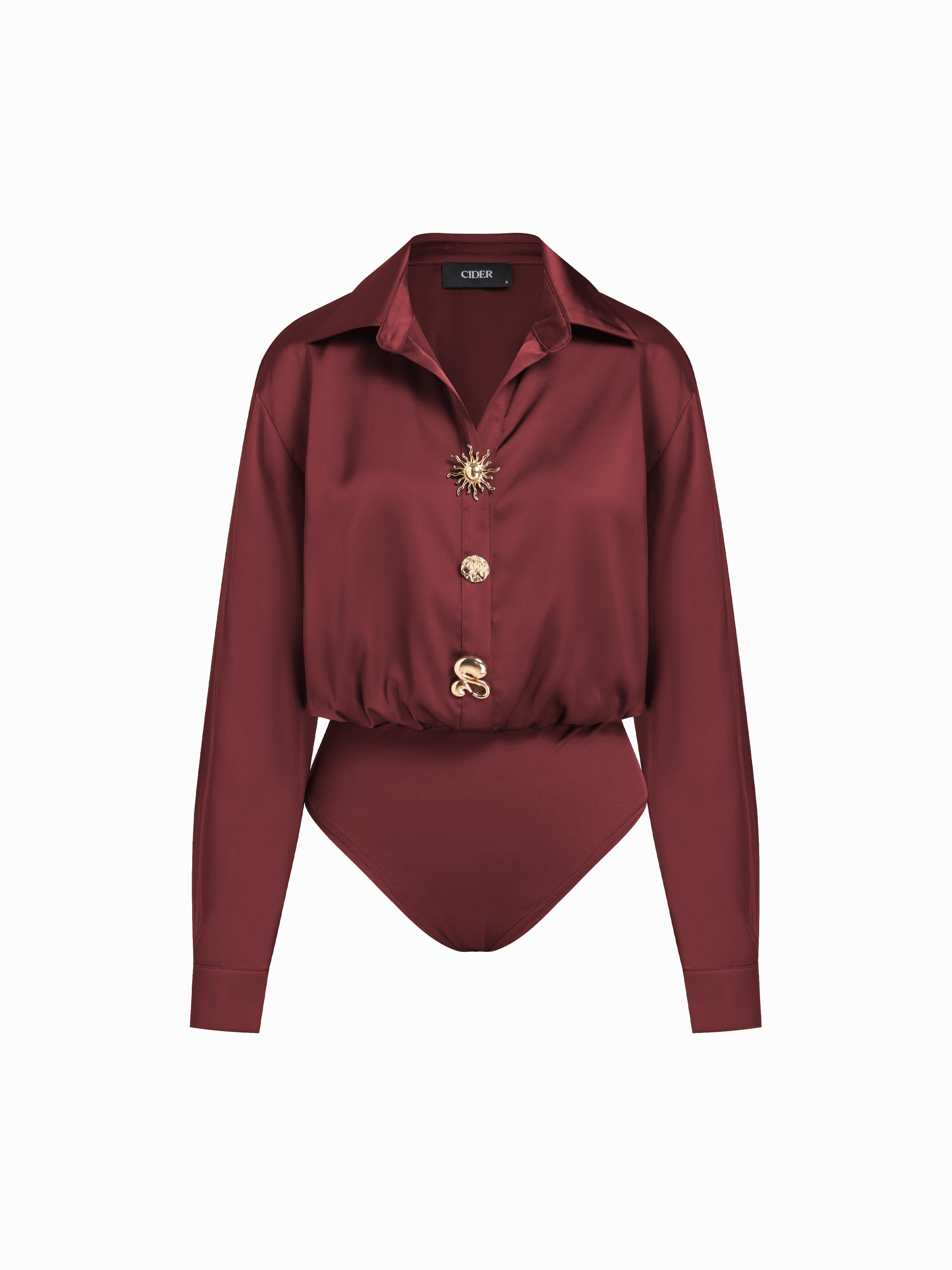 Satin Metal Button Oversized Shirt Bodysuit by CIDER