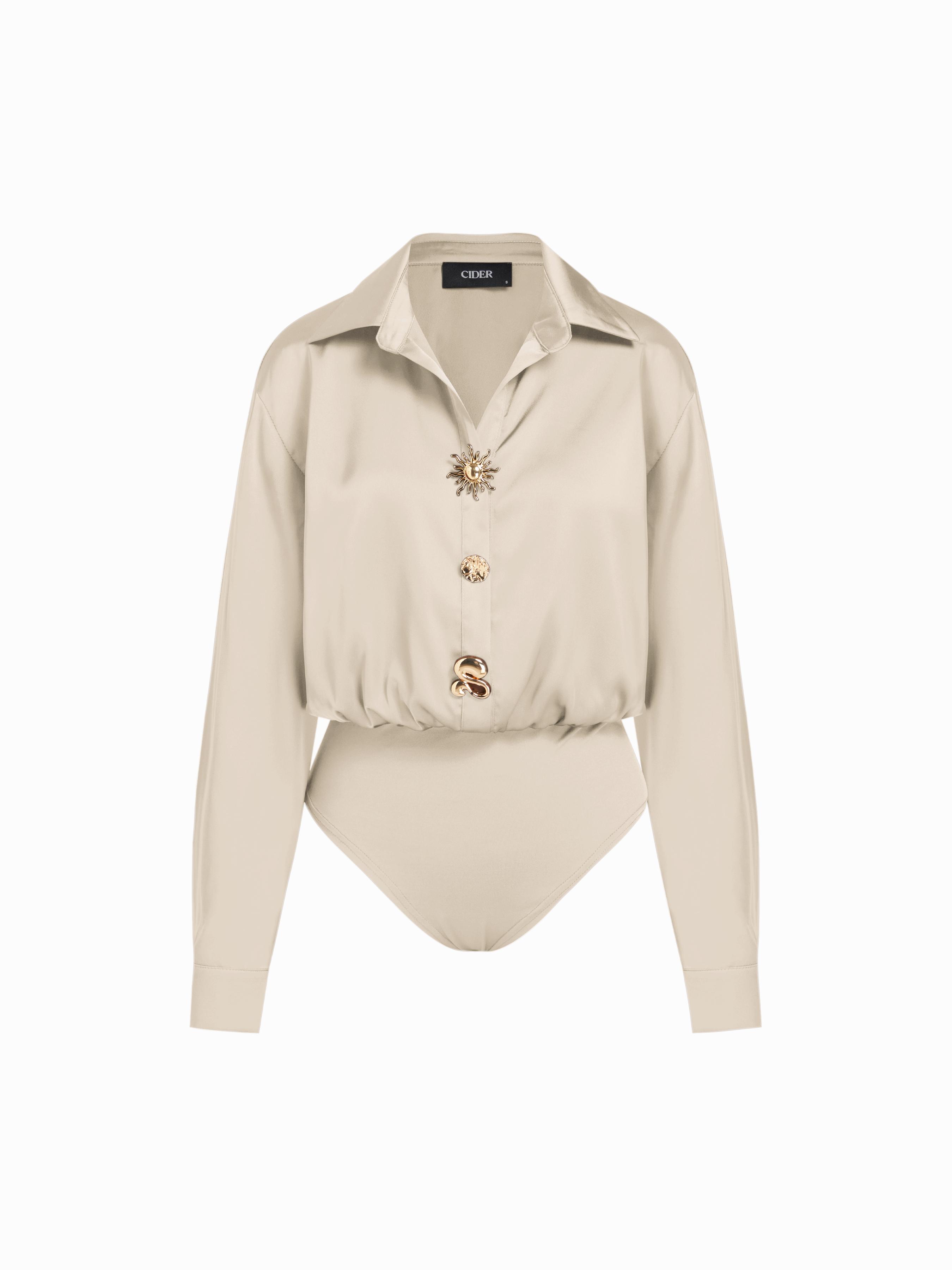 Satin Metal Button Oversized Shirt Bodysuit by CIDER