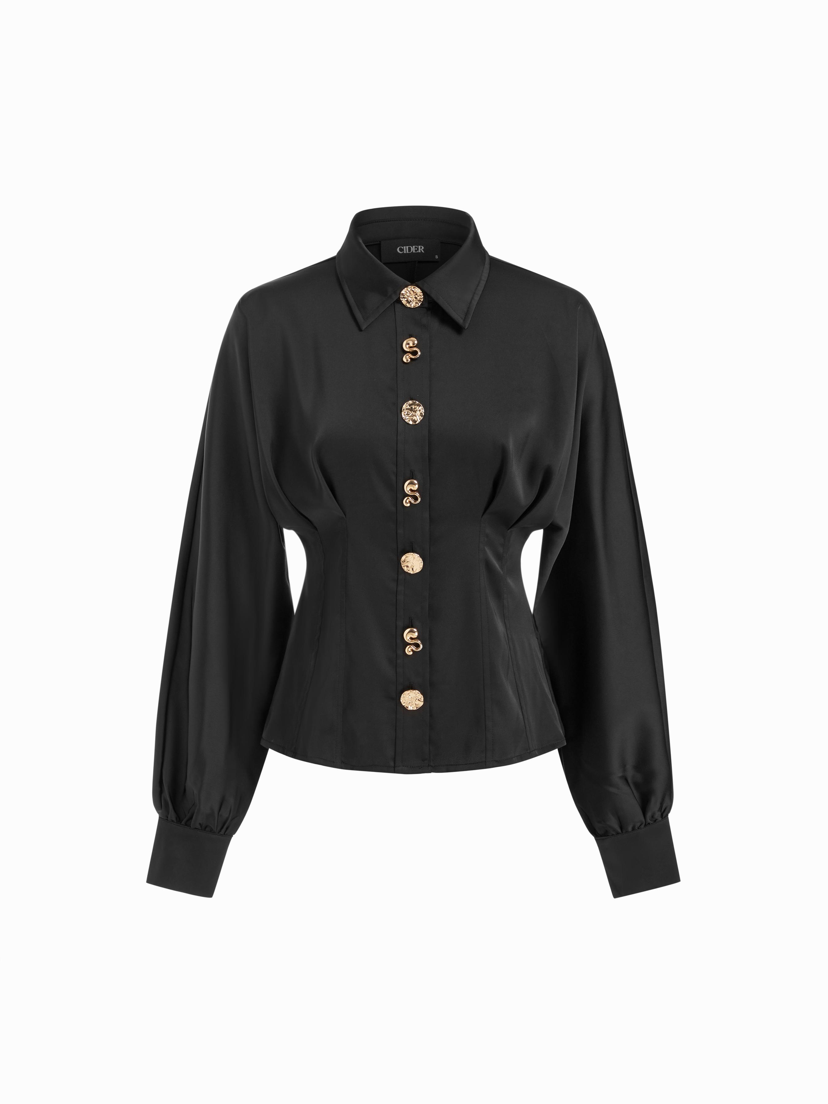 Satin Metal Detail Cinched Waist Lantern Sleeve Blouse by CIDER