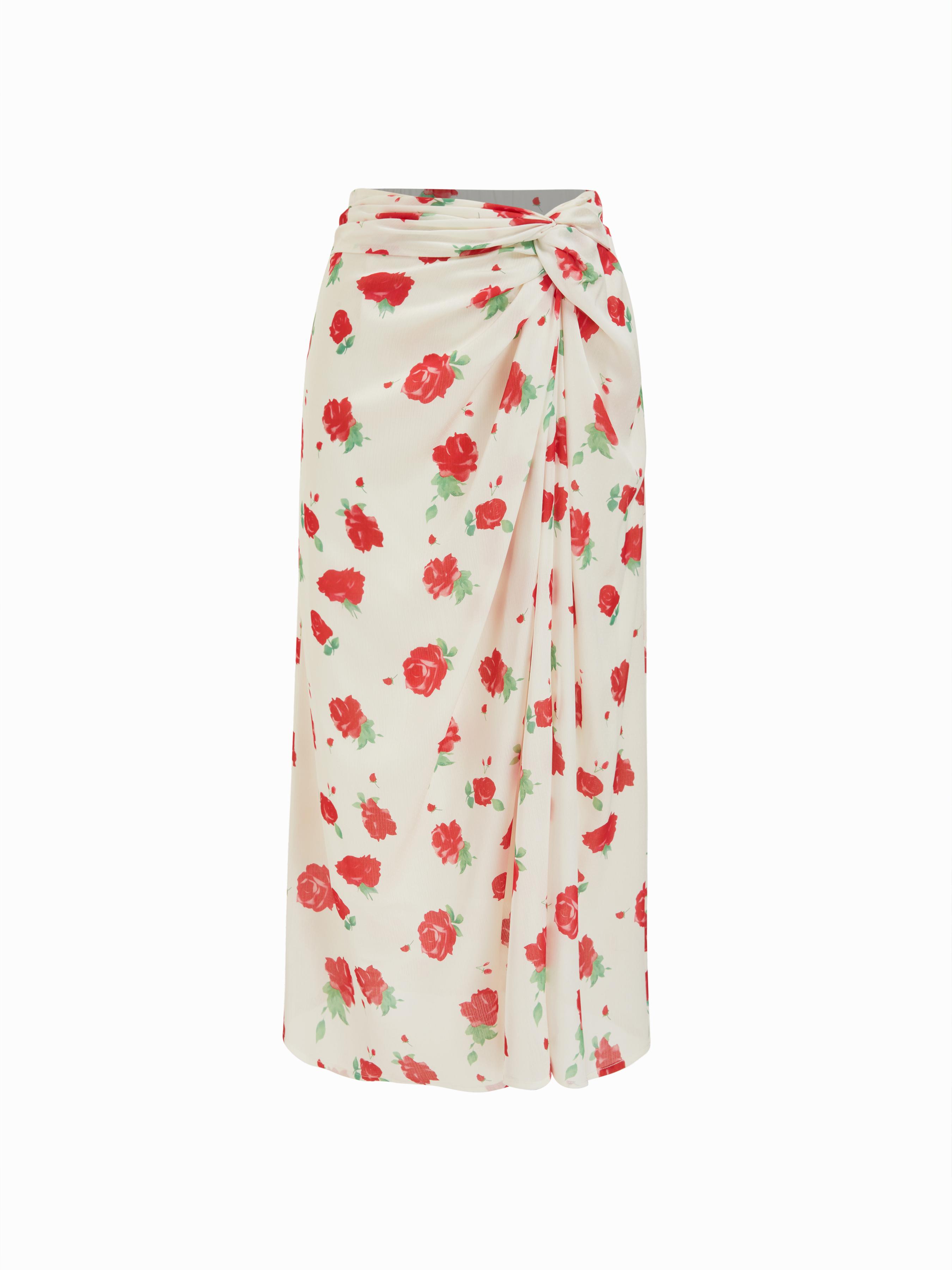 Satin Mid Rise Floral Wrap Bodycon Maxi Skirt by CIDER