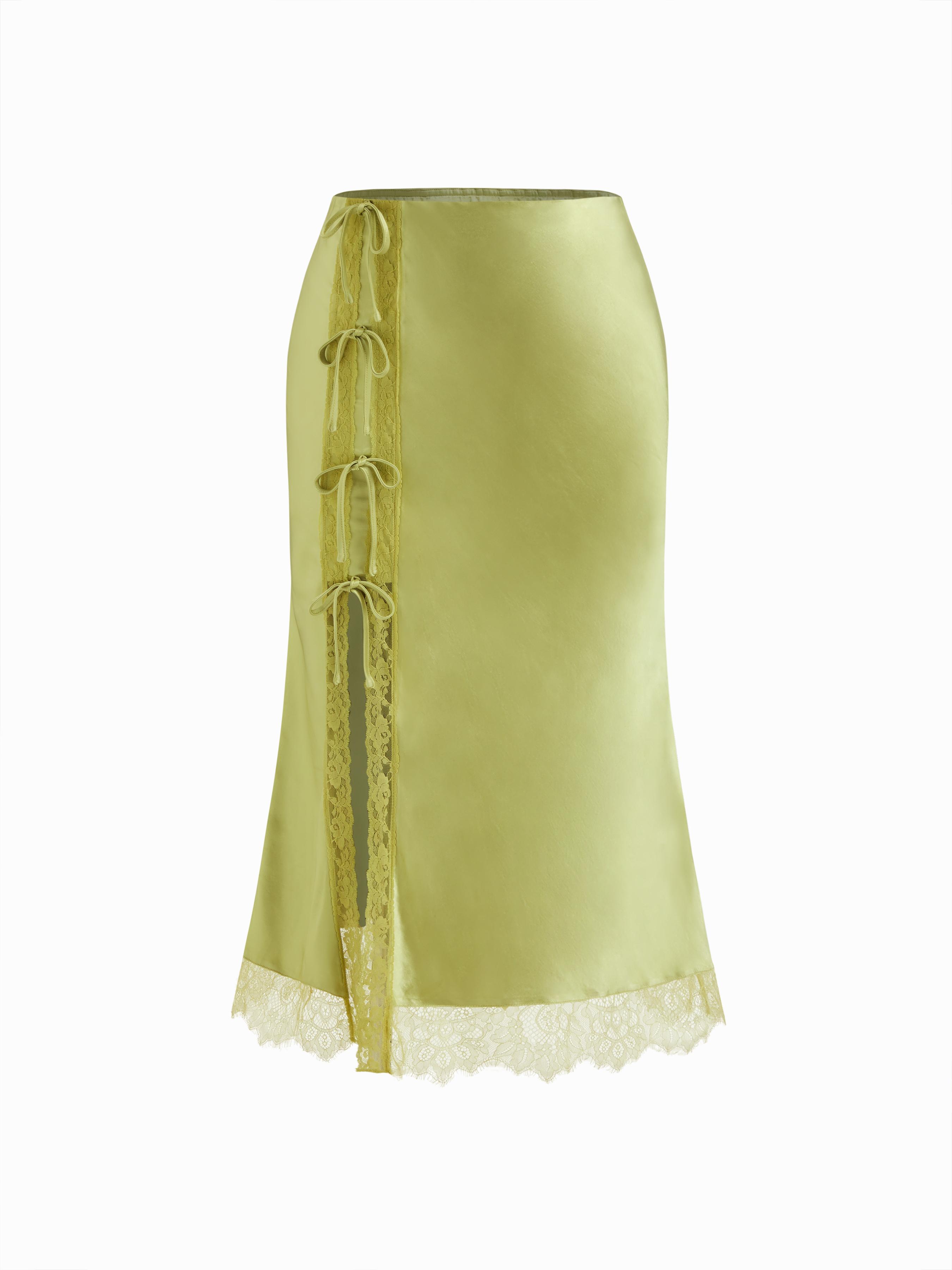 Satin Mid Rise Knotted Lace Trim Split Maxi Skirt Curve & Plus by CIDER Satin Mid Rise Knotted Lace Trim Split Maxi Skirt Curve & Plus by CIDER