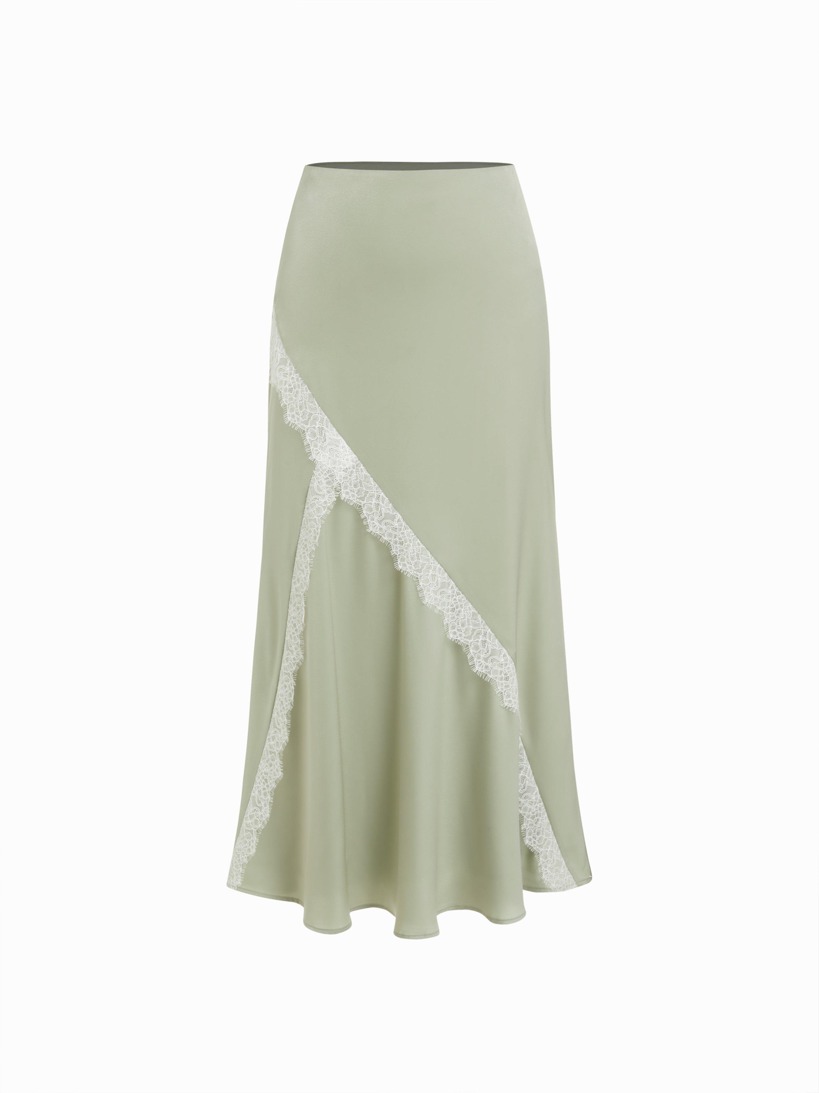 Satin Mid Rise Lace Mermaid Maxi Skirt by CIDER