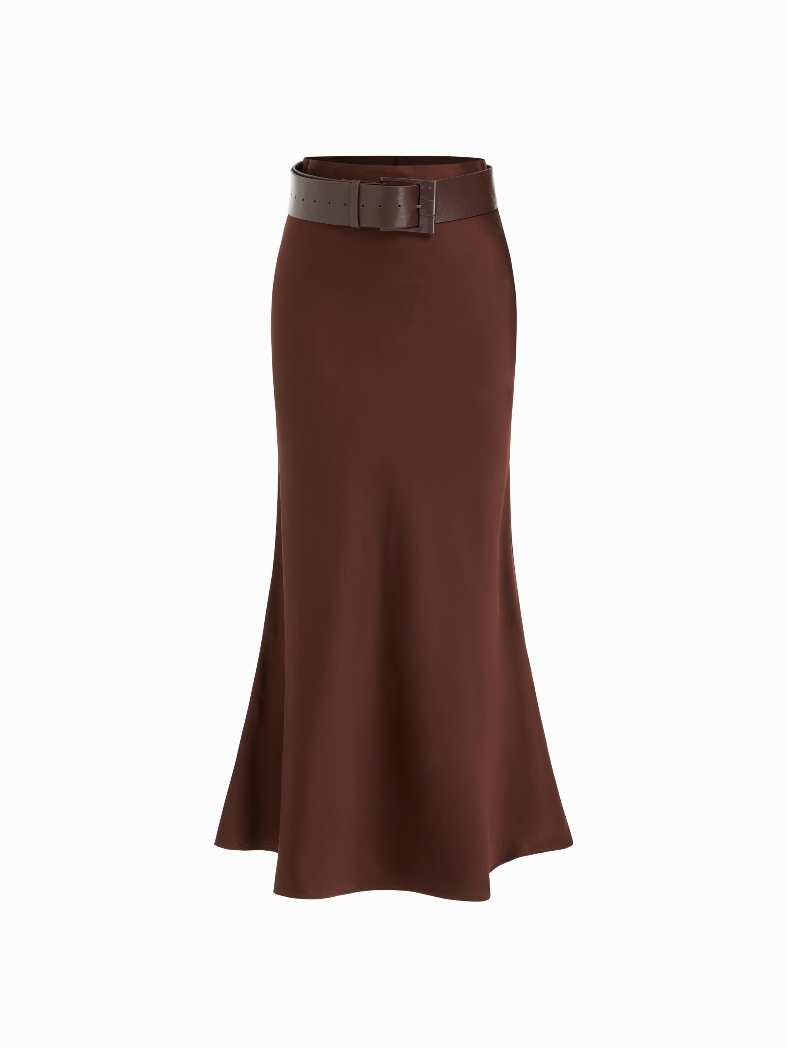 Satin Mid Rise Mermaid Maxi Skirt With Belt by CIDER