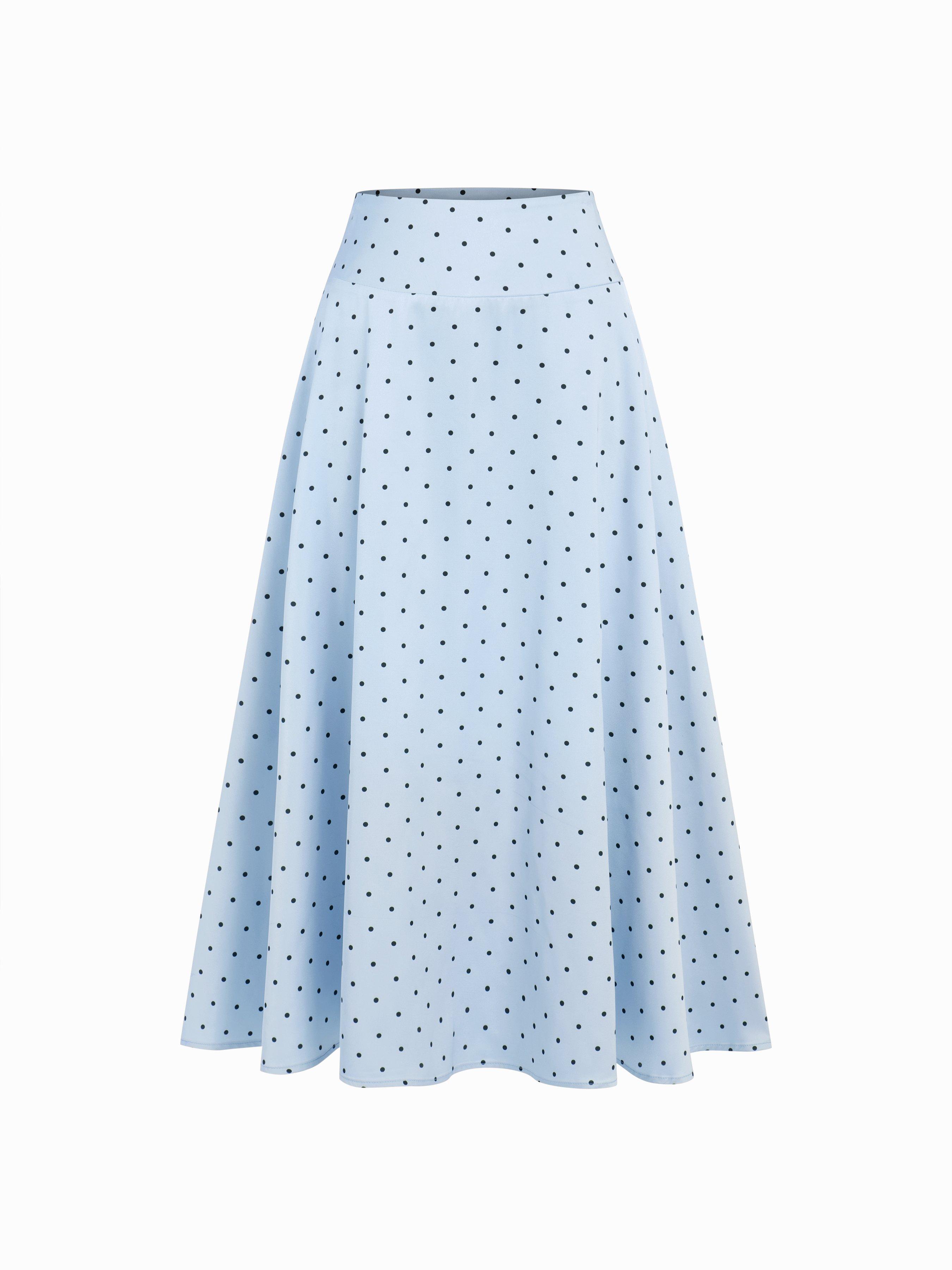 Satin Mid Rise Polka Dot Flared Maxi Skirt by CIDER