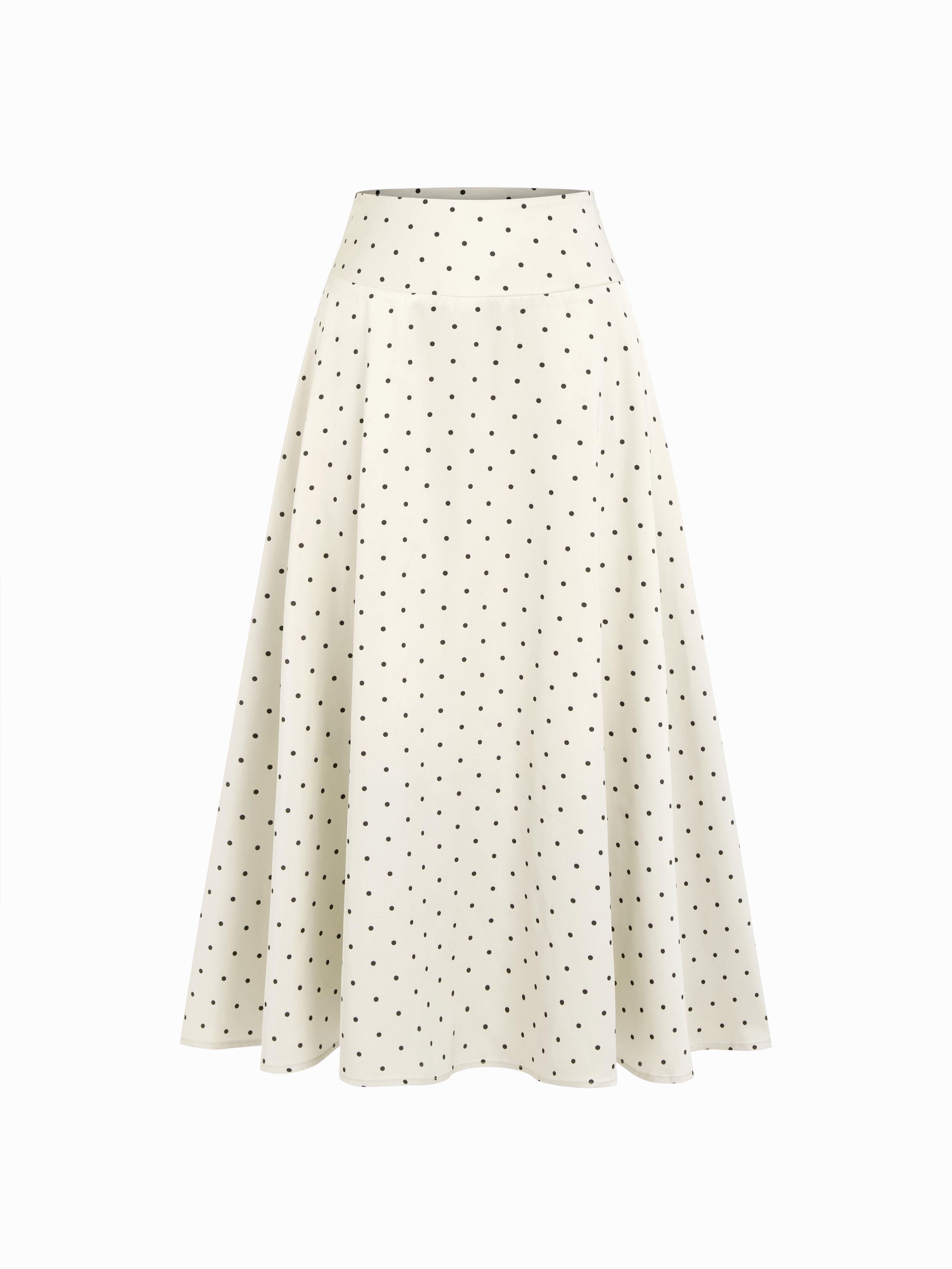 Satin Mid Rise Polka Dot Flared Maxi Skirt by CIDER