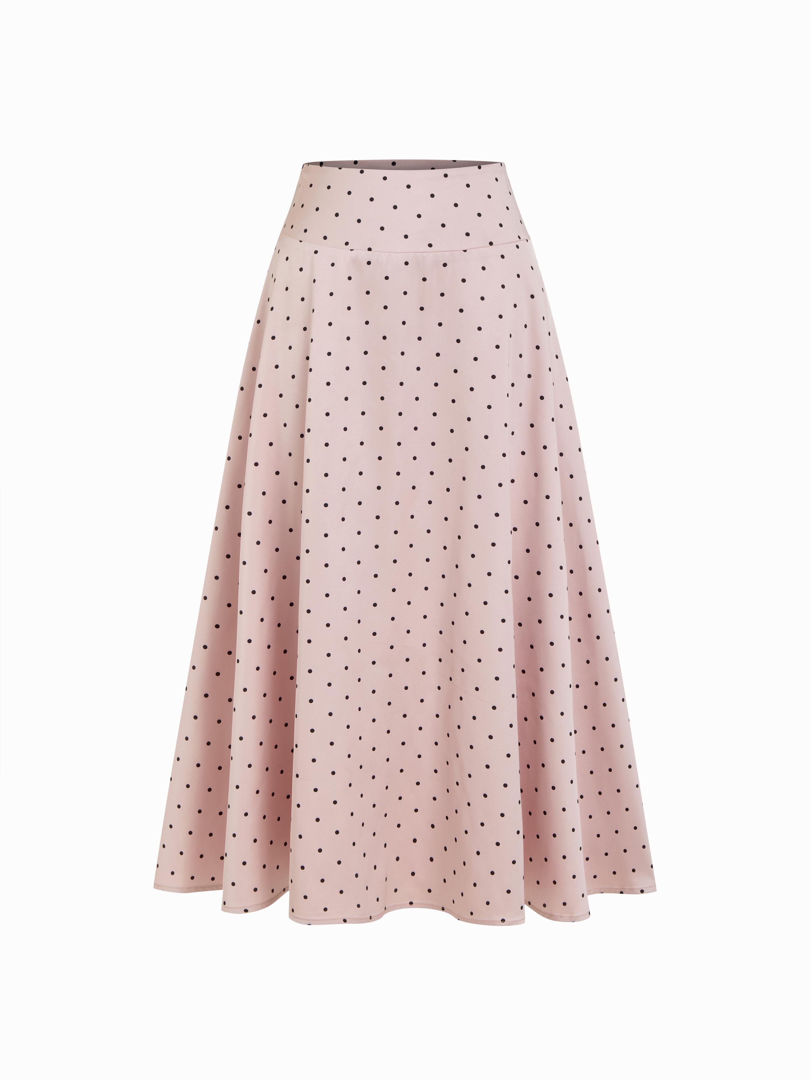 Satin Mid Rise Polka Dot Flared Maxi Skirt by CIDER