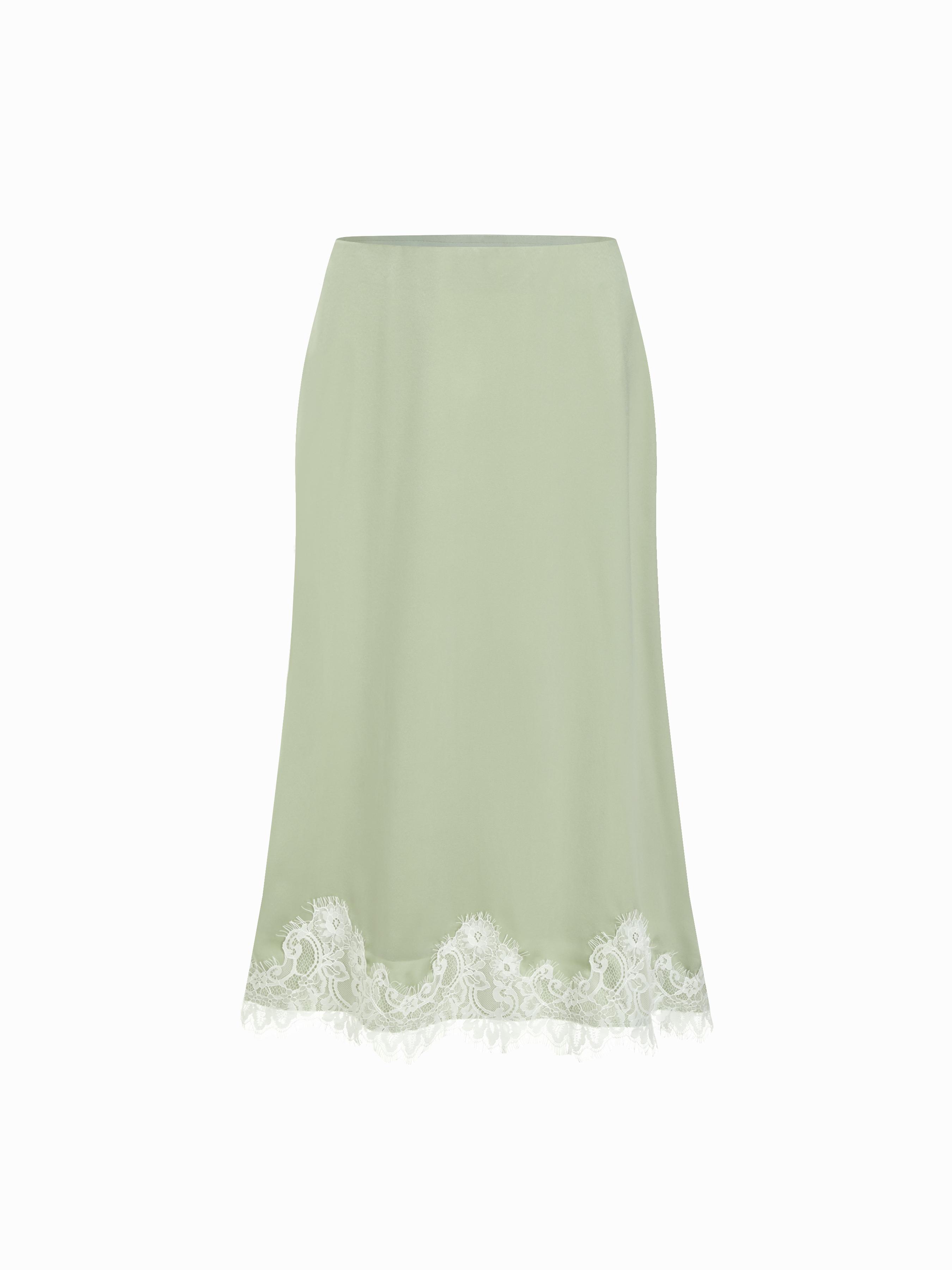 Satin Mid Rise Polka Dot Lace Trim A-line Midi Skirt by CIDER