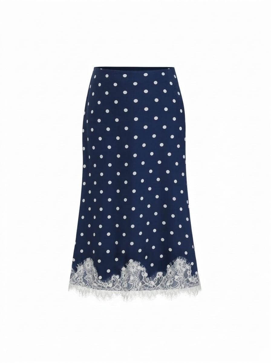 Satin Mid Rise Polka Dot Lace Trim A-line Midi Skirt by CIDER