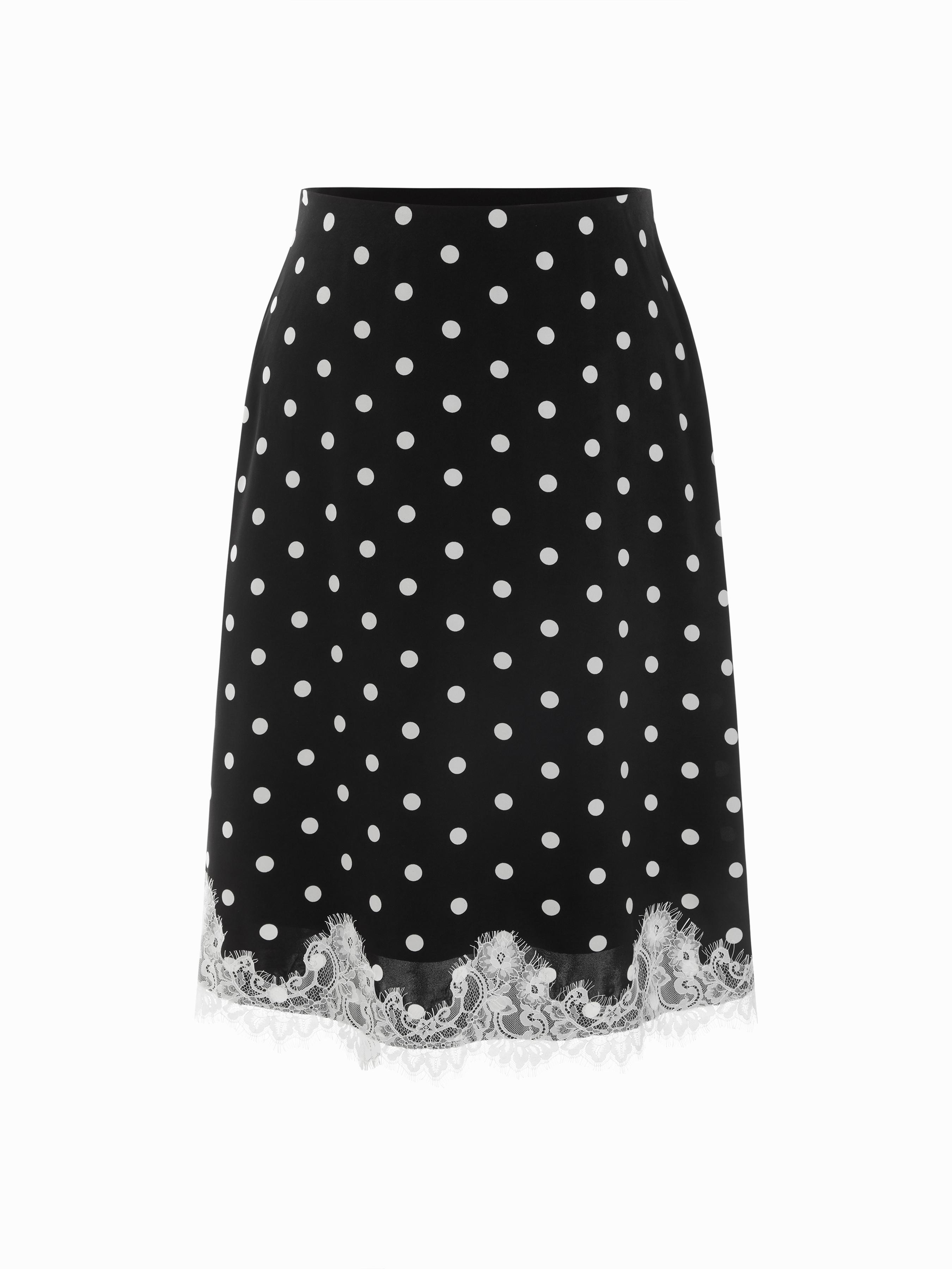 Satin Mid Rise Polka Dot Lace Trim A-line Midi Skirt Curve & Plus by CIDER
