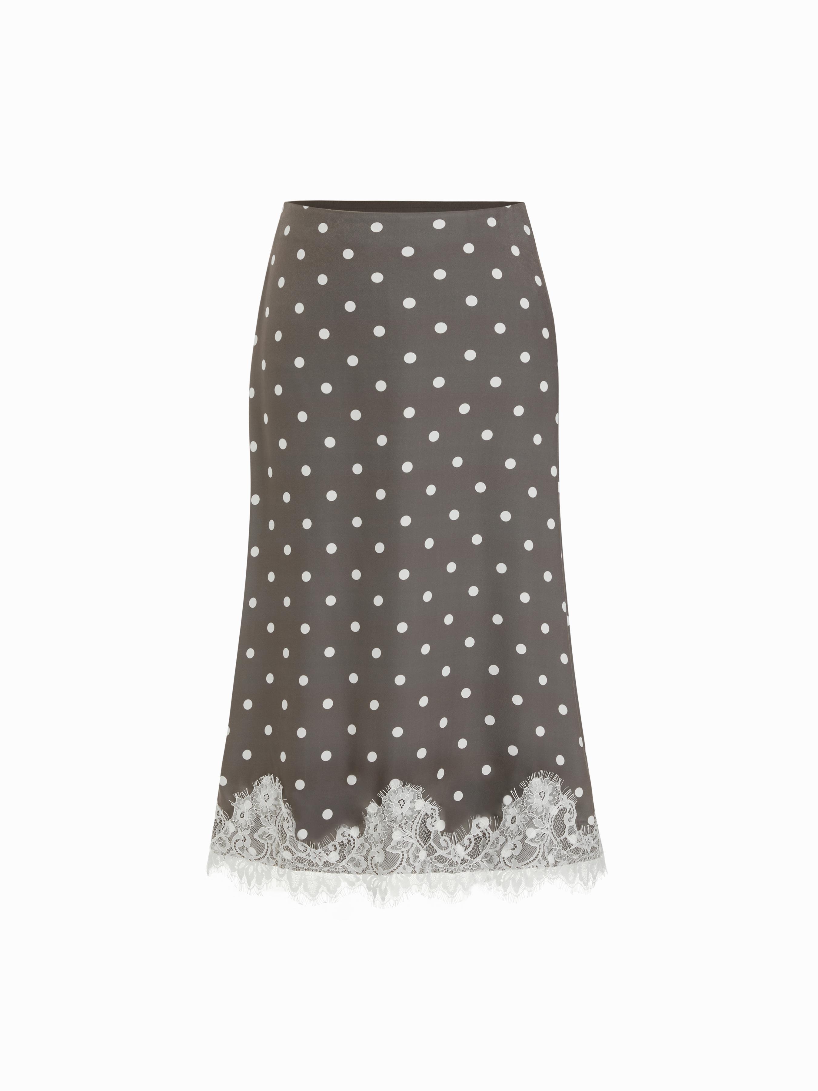 Satin Mid Rise Polka Dot Lace Trim A-line Midi Skirt by CIDER