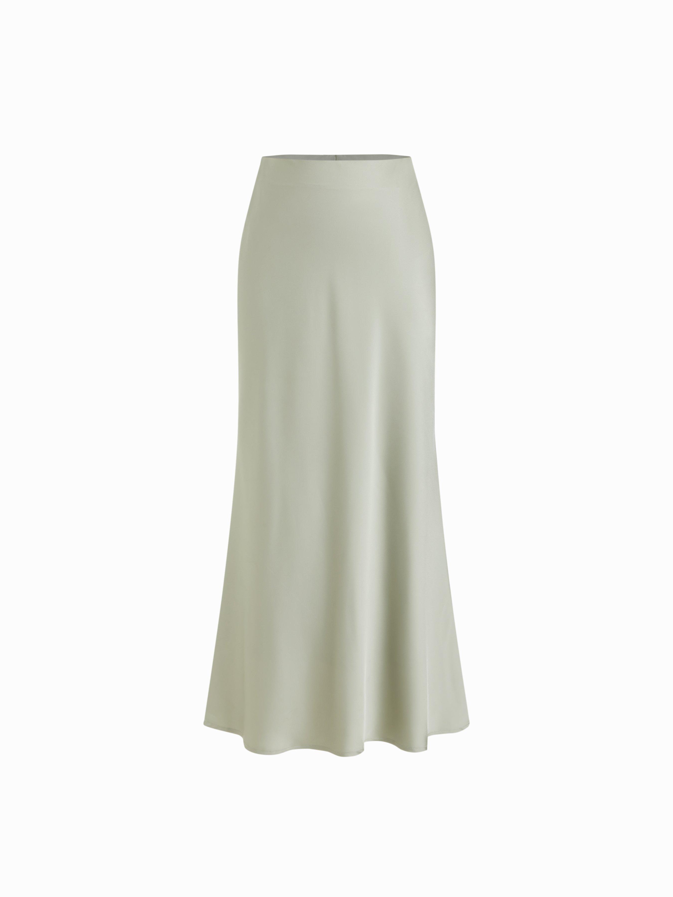 Satin Mid Rise Ruffle Bias Maxi Skirt by CIDER