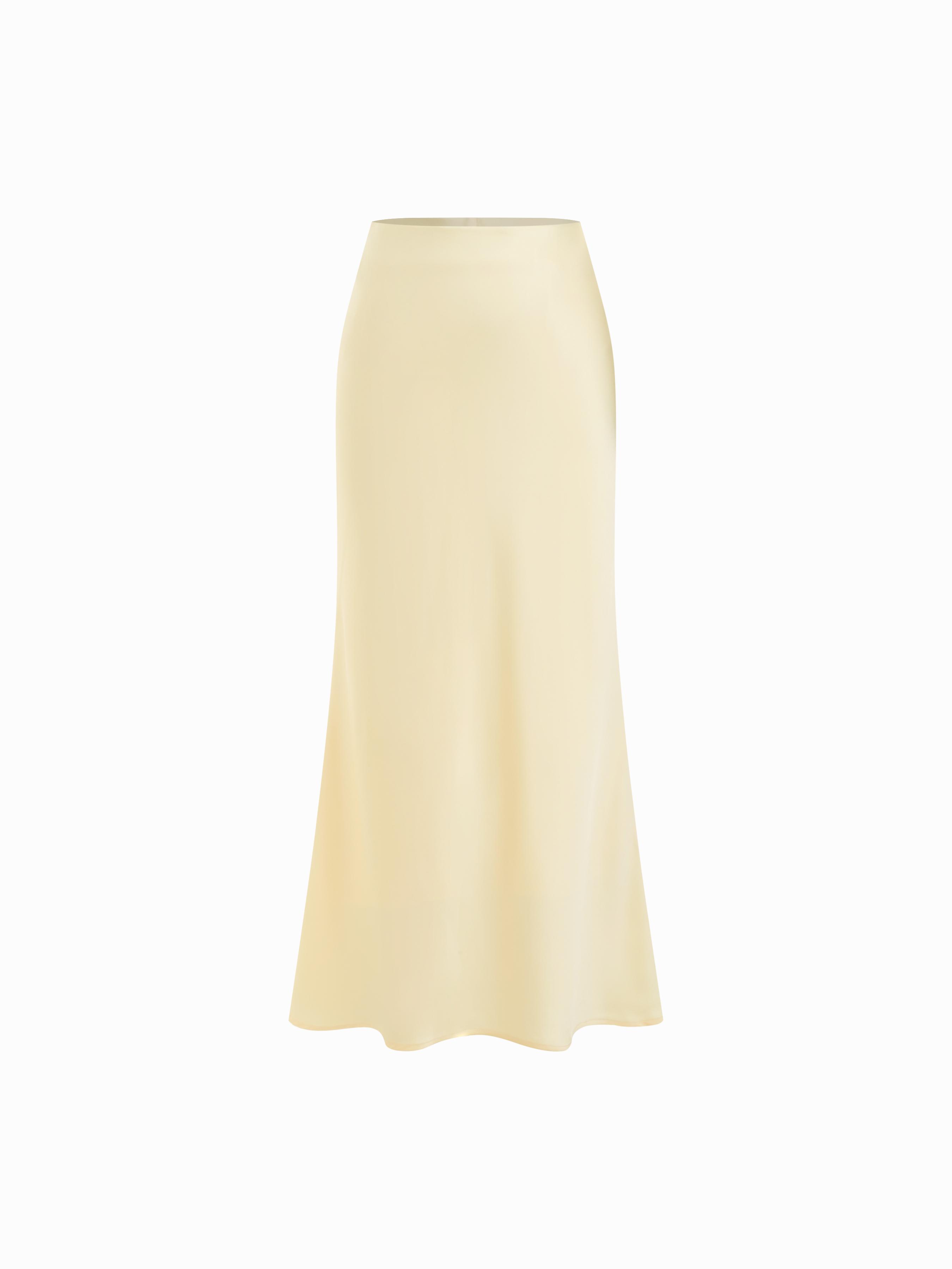 Satin Mid Rise Ruffle Bias Maxi Skirt by CIDER