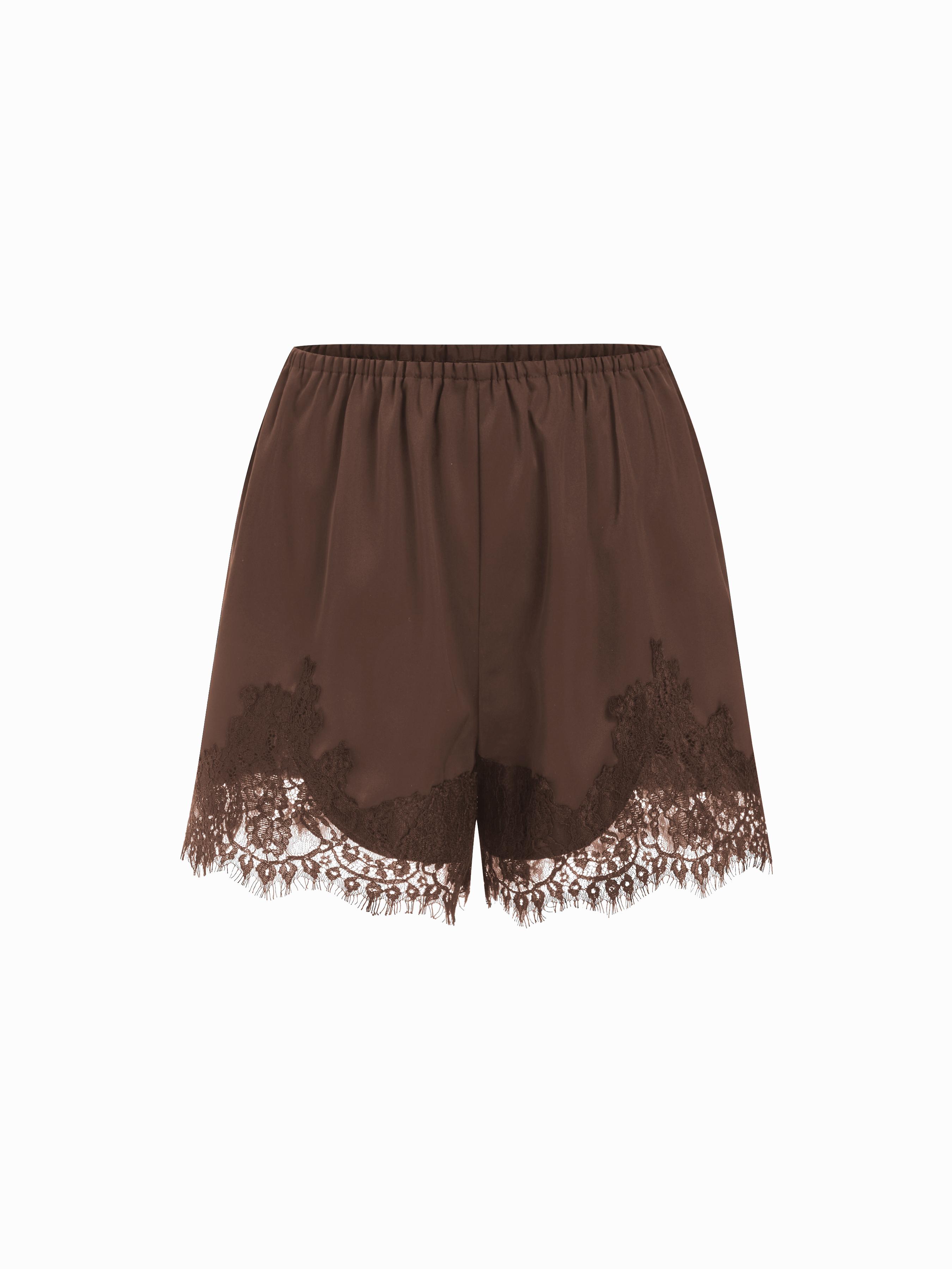 Satin Mid Rise Solid Elastic Waist Floral Lace Shorts by CIDER