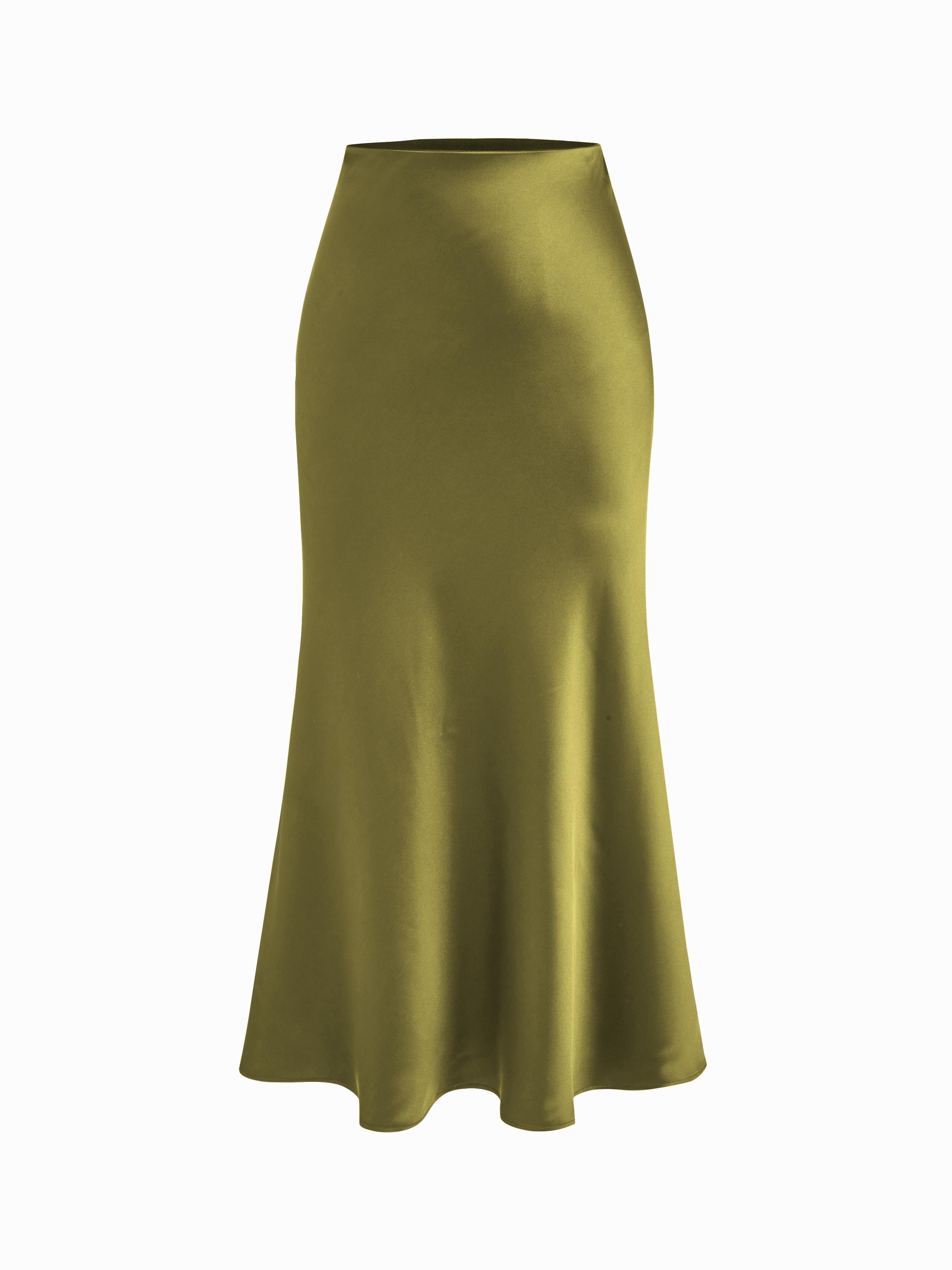 Satin Mid Rise Solid Zipper Maxi Skirt by CIDER