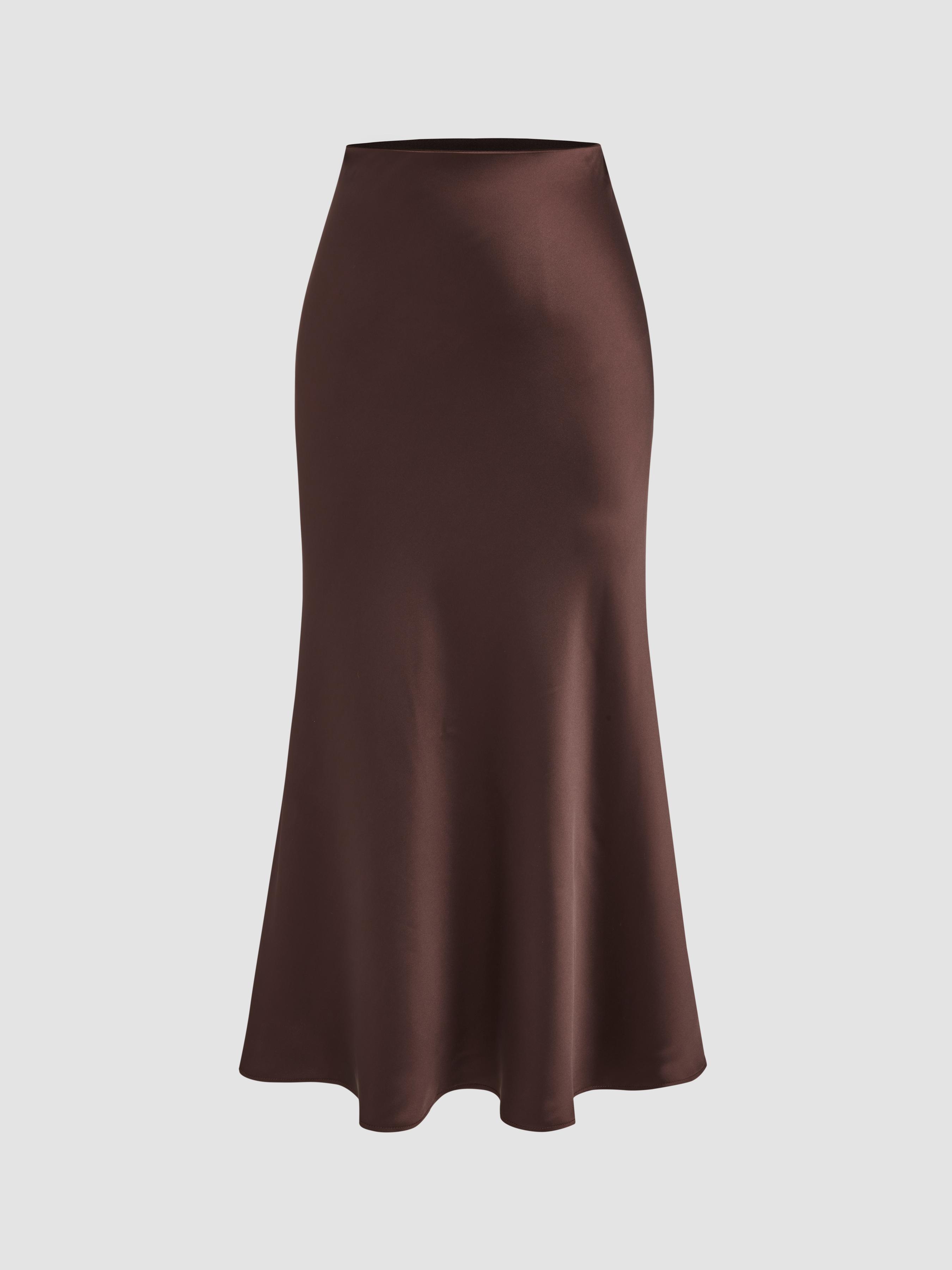 Satin Mid Rise Solid Zipper Maxi Skirt by CIDER