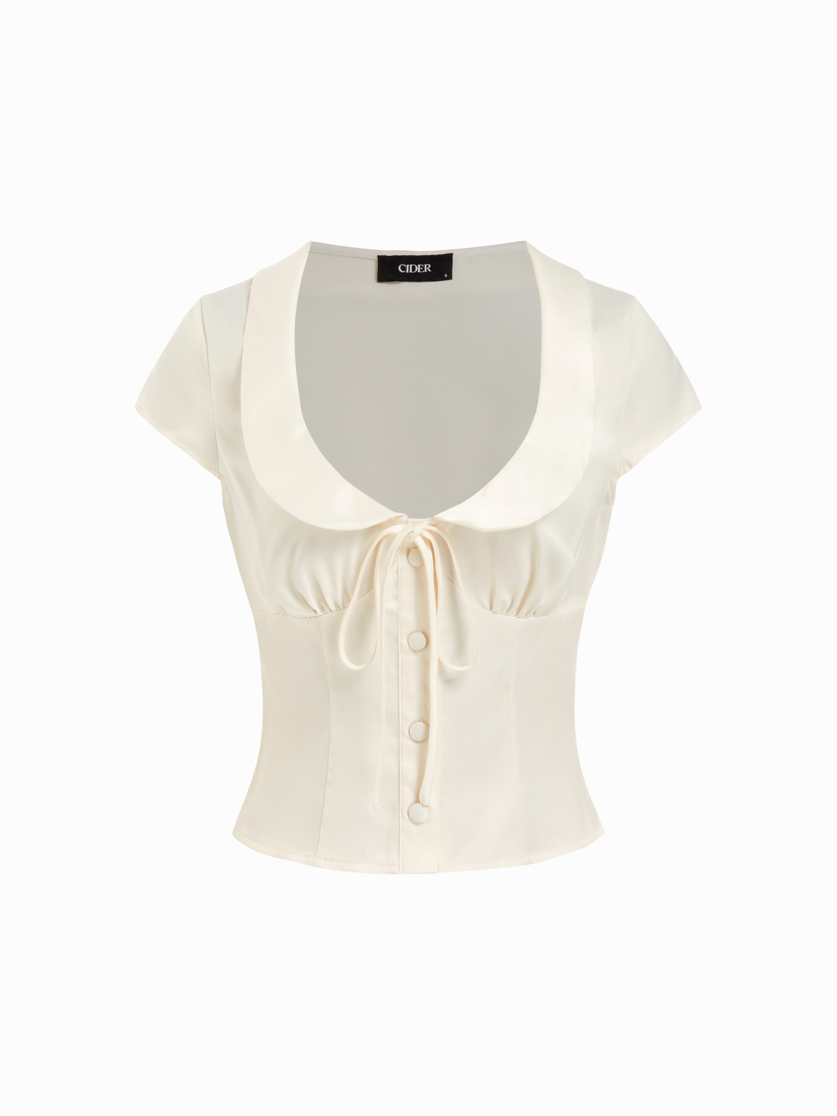 Satin Peter Pan Collar Knotted Crop Blouse by CIDER