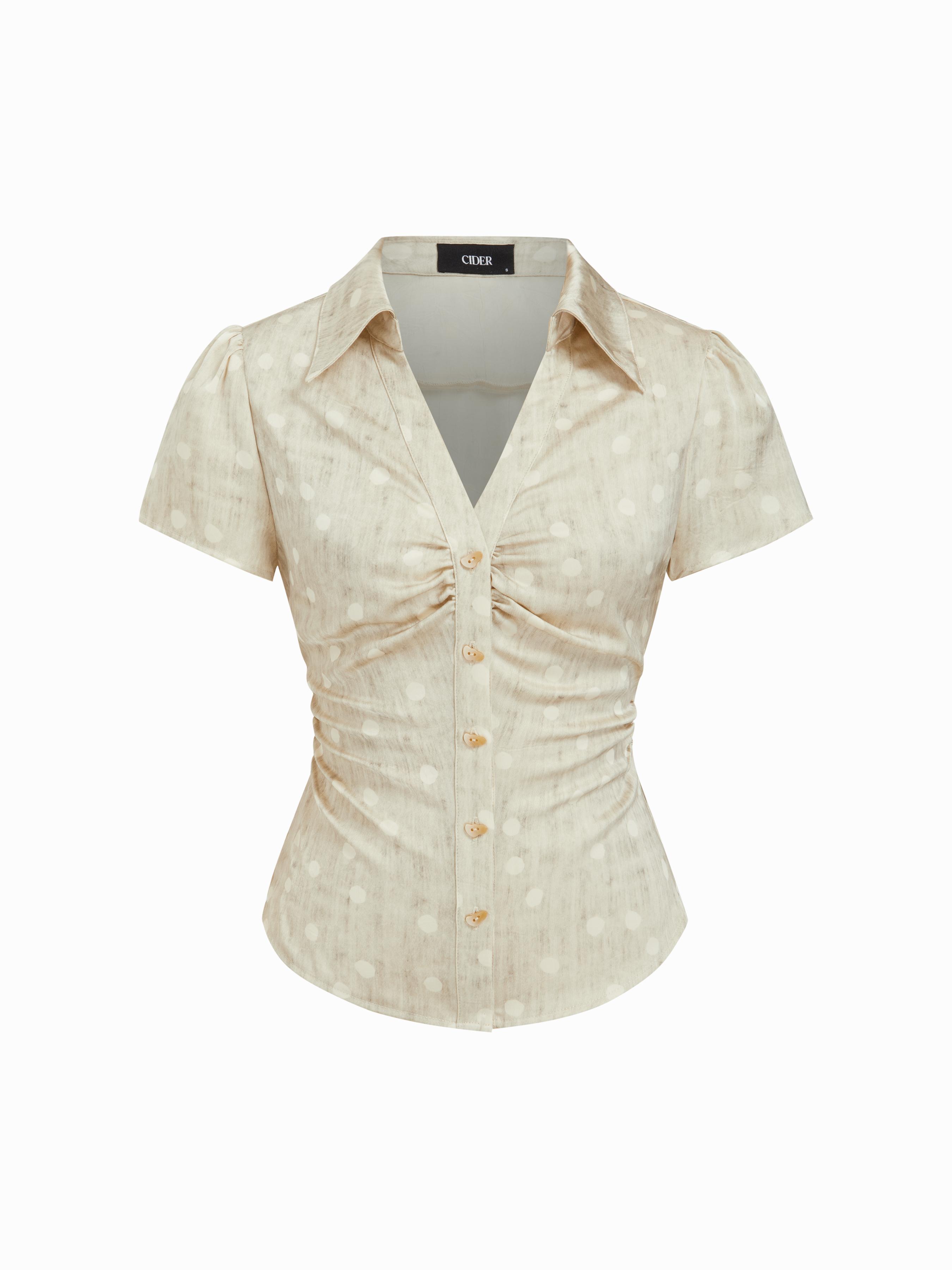 Satin Polka Dot Ruched Puff Sleeve Shirt by CIDER