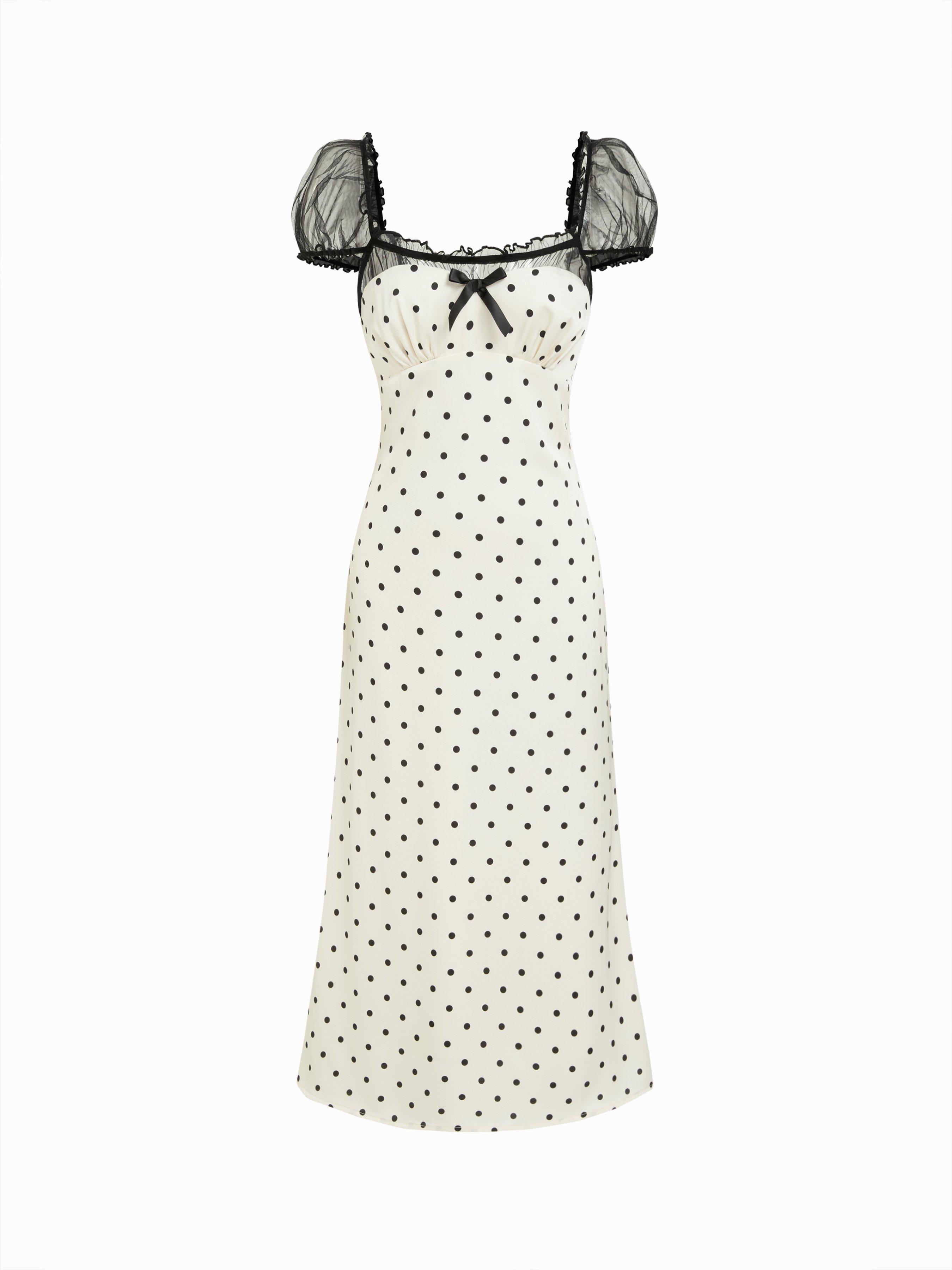 Satin Polka Dot Square Neck Puff Sleeve Bowknot A-line Maxi Dress by CIDER