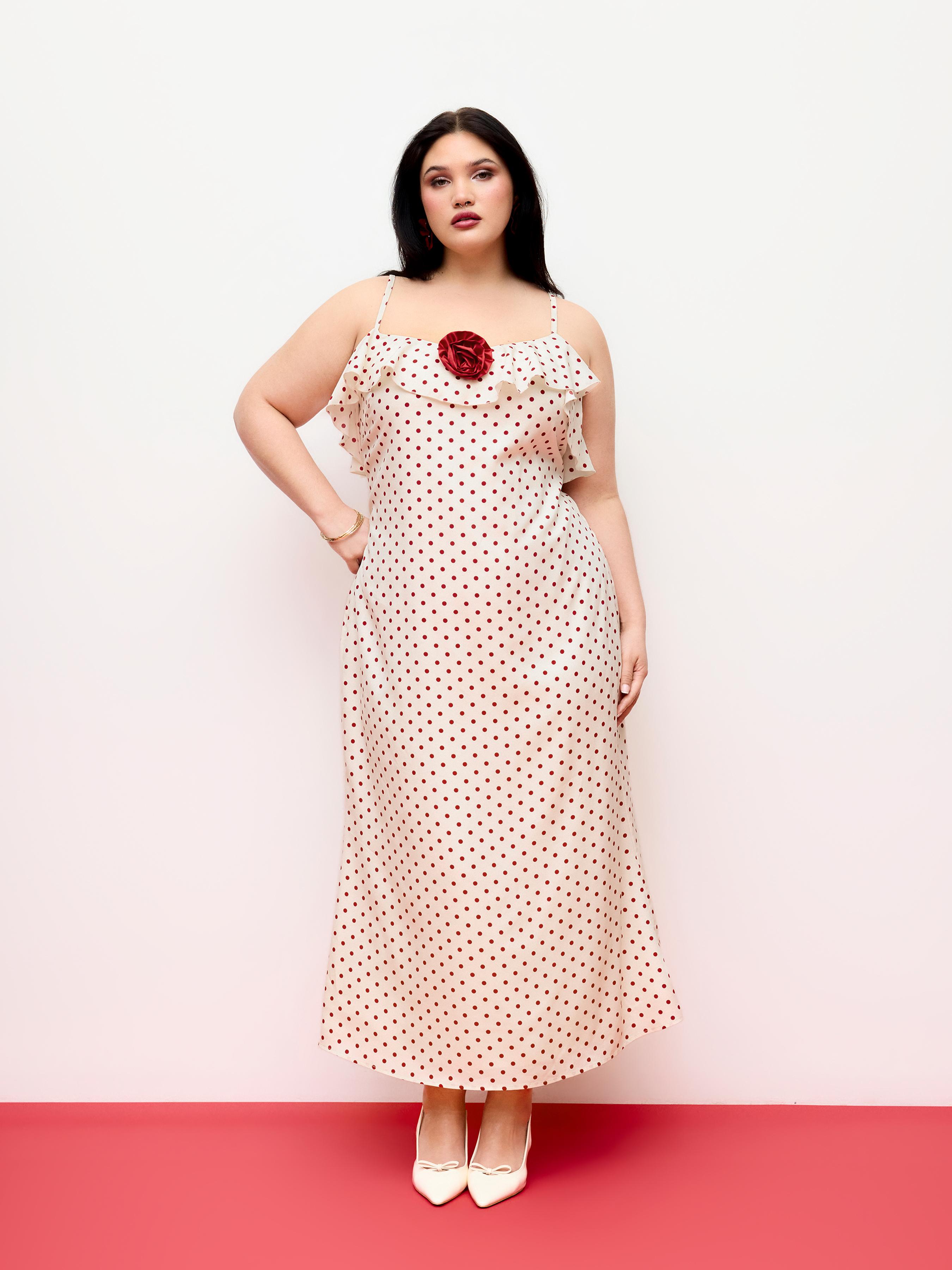 Satin Polka Dot V-Neck Ruffle Maxi Dress Curve & Plus by CIDER