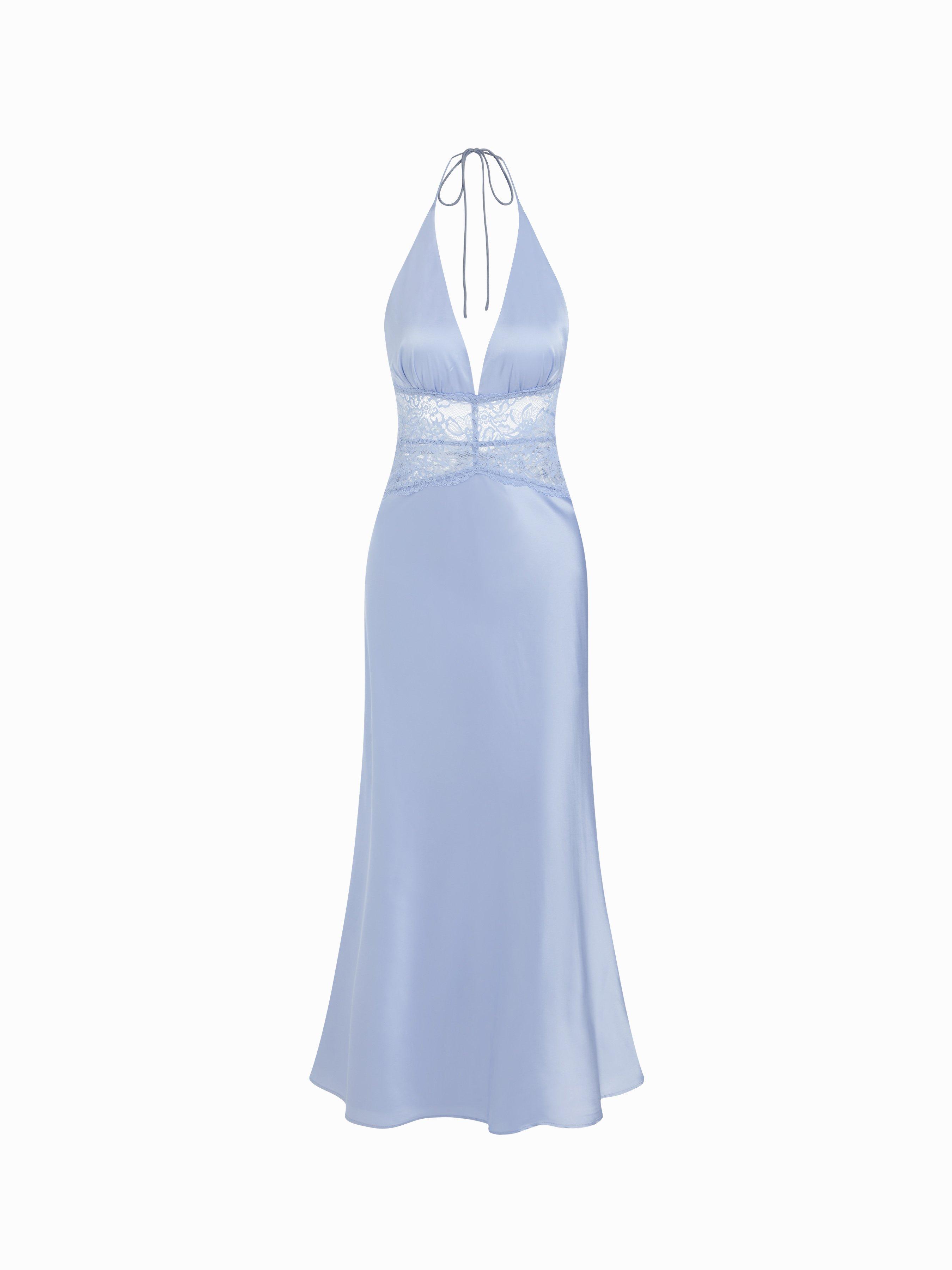 Satin Polka Dot V-neck Lace Panel Mermaid Maxi Dress by CIDER