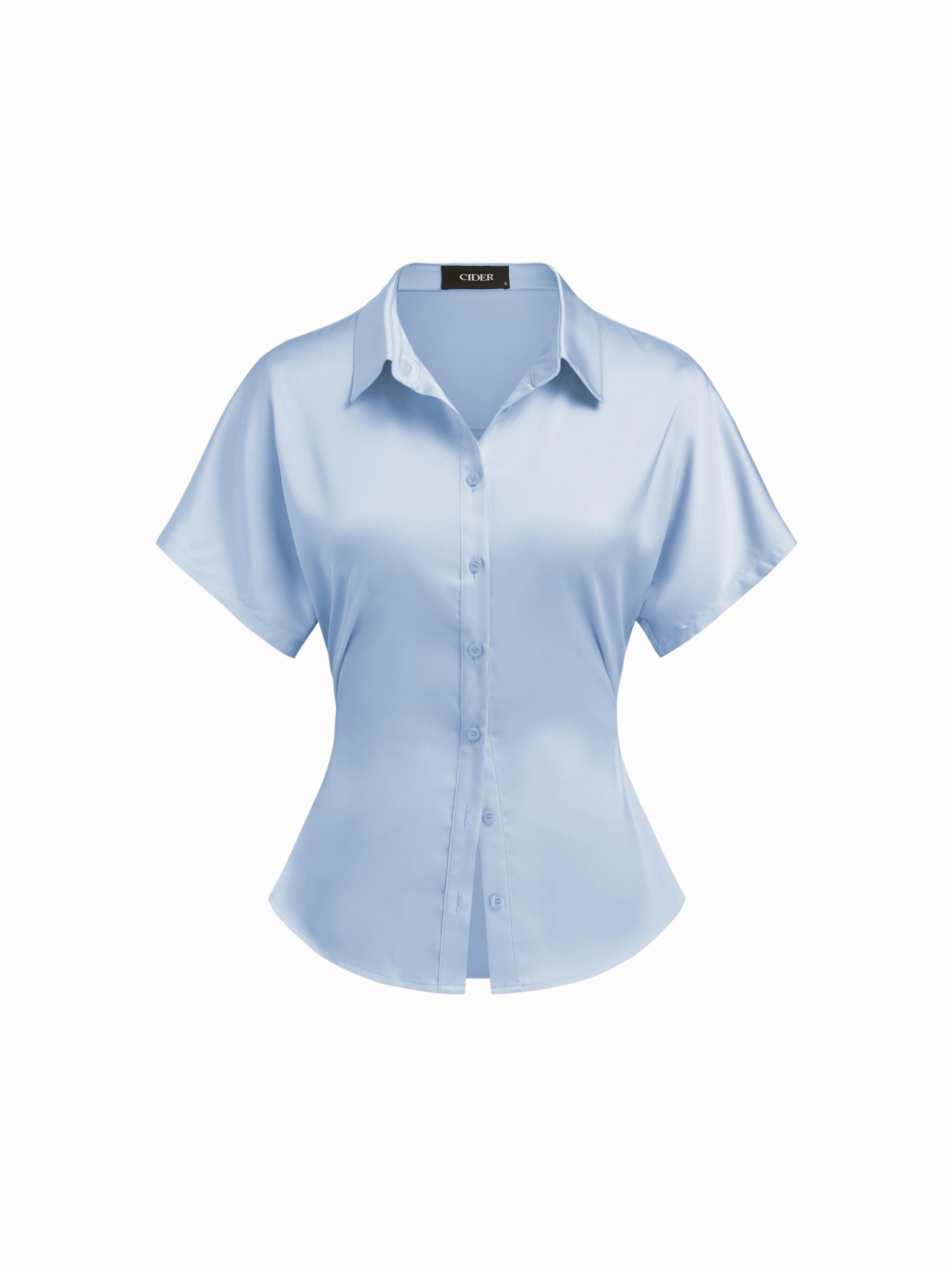 Satin Polo Button Up Cinched Waist Shirt by CIDER
