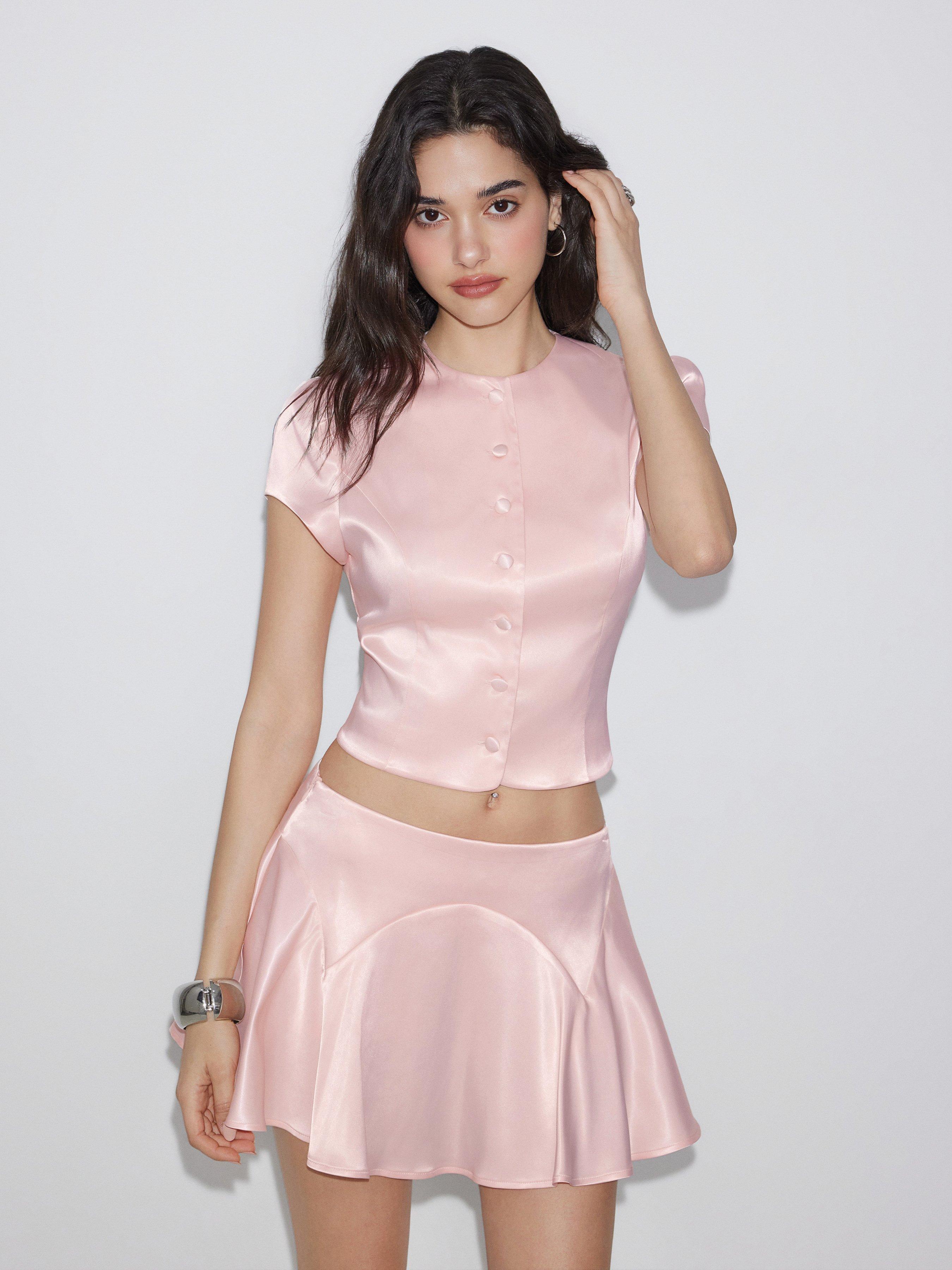 Satin Puff Sleeve Top & Mid Rise Flared Mini Skirt Set by CIDER