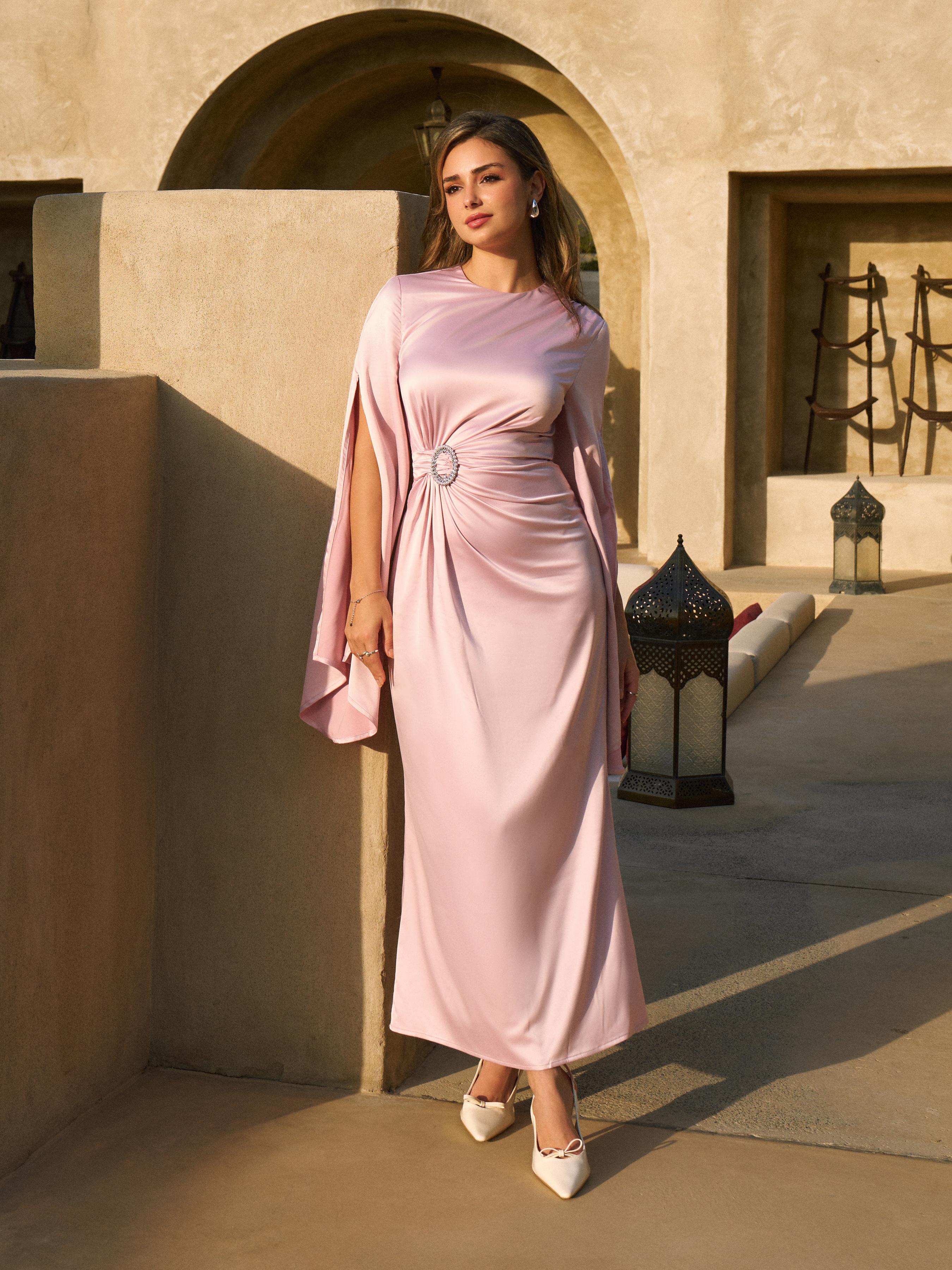 Satin Rhinestone Ruched Bell Sleeve Maxi Dress by undefined