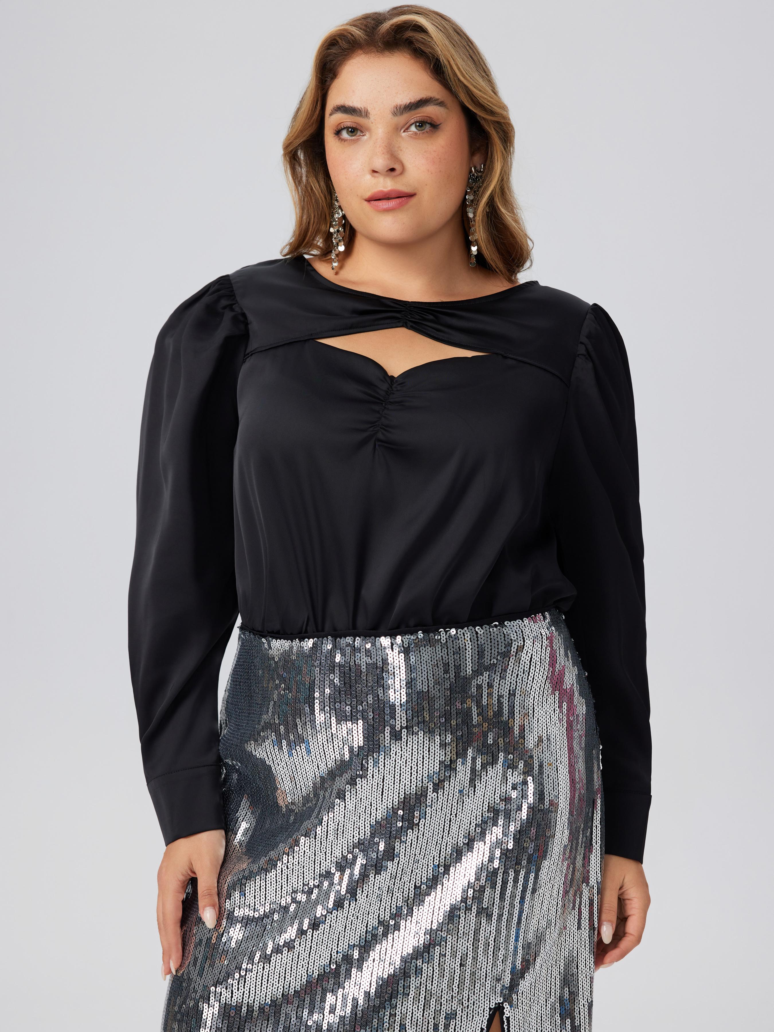 Satin Round Neck Cut Out Long Sleeve Blouse Curve & Plus by CIDER