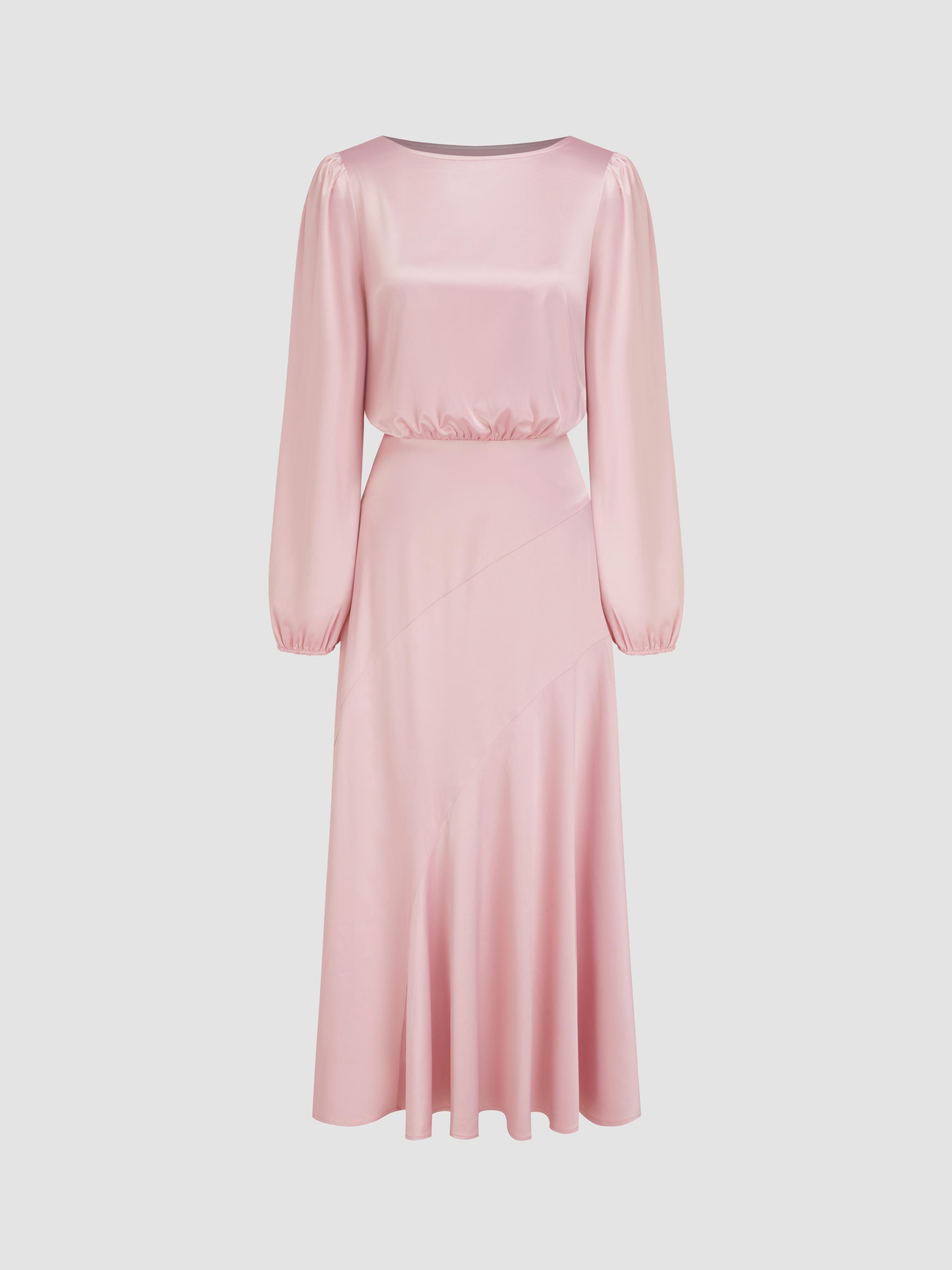 Satin Round Neckline Cinched Waist Ruffle Maxi Dress by CIDER