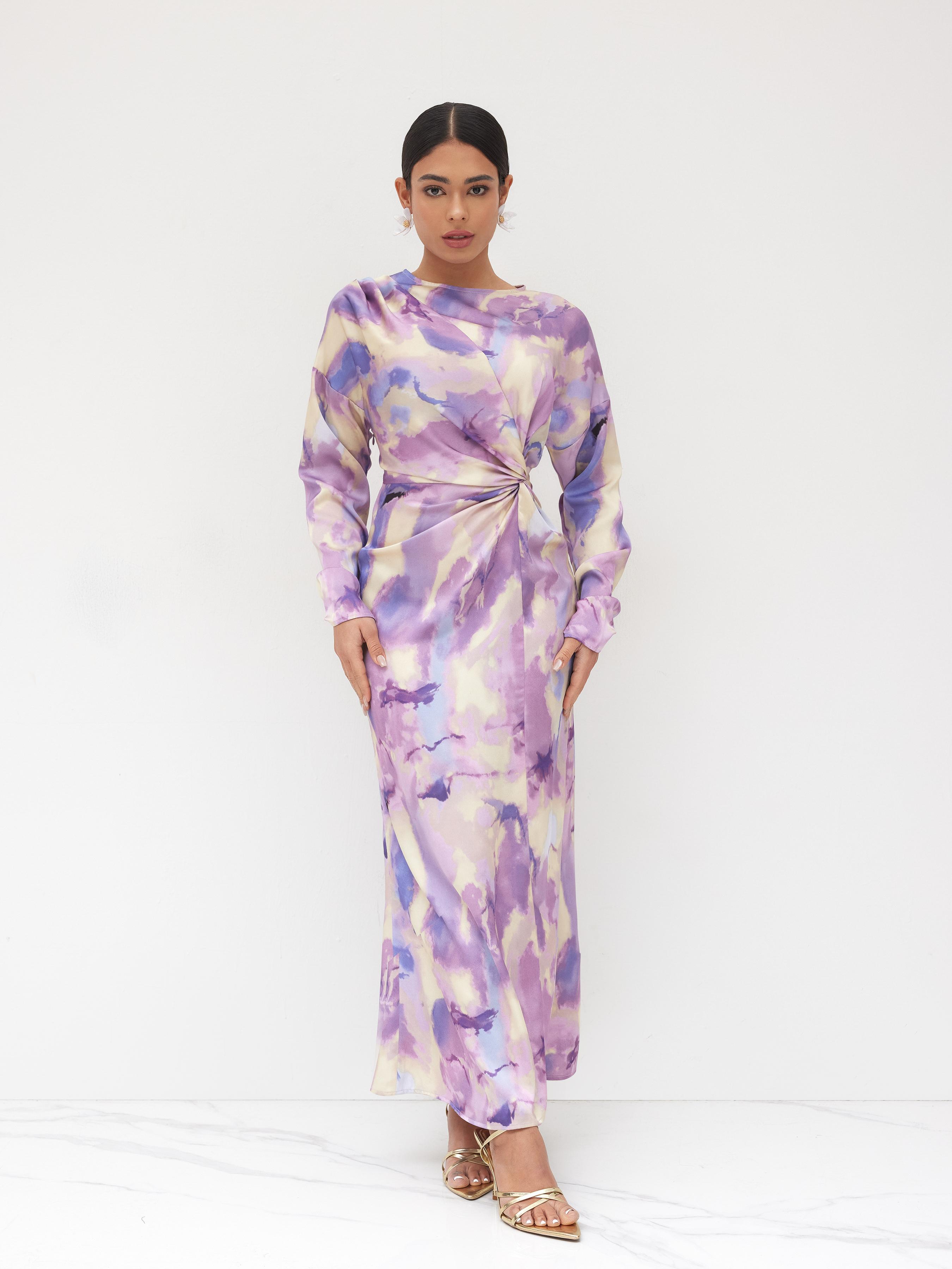 Satin Round Neckline Illusion Print Twist Maxi Dress by CIDER