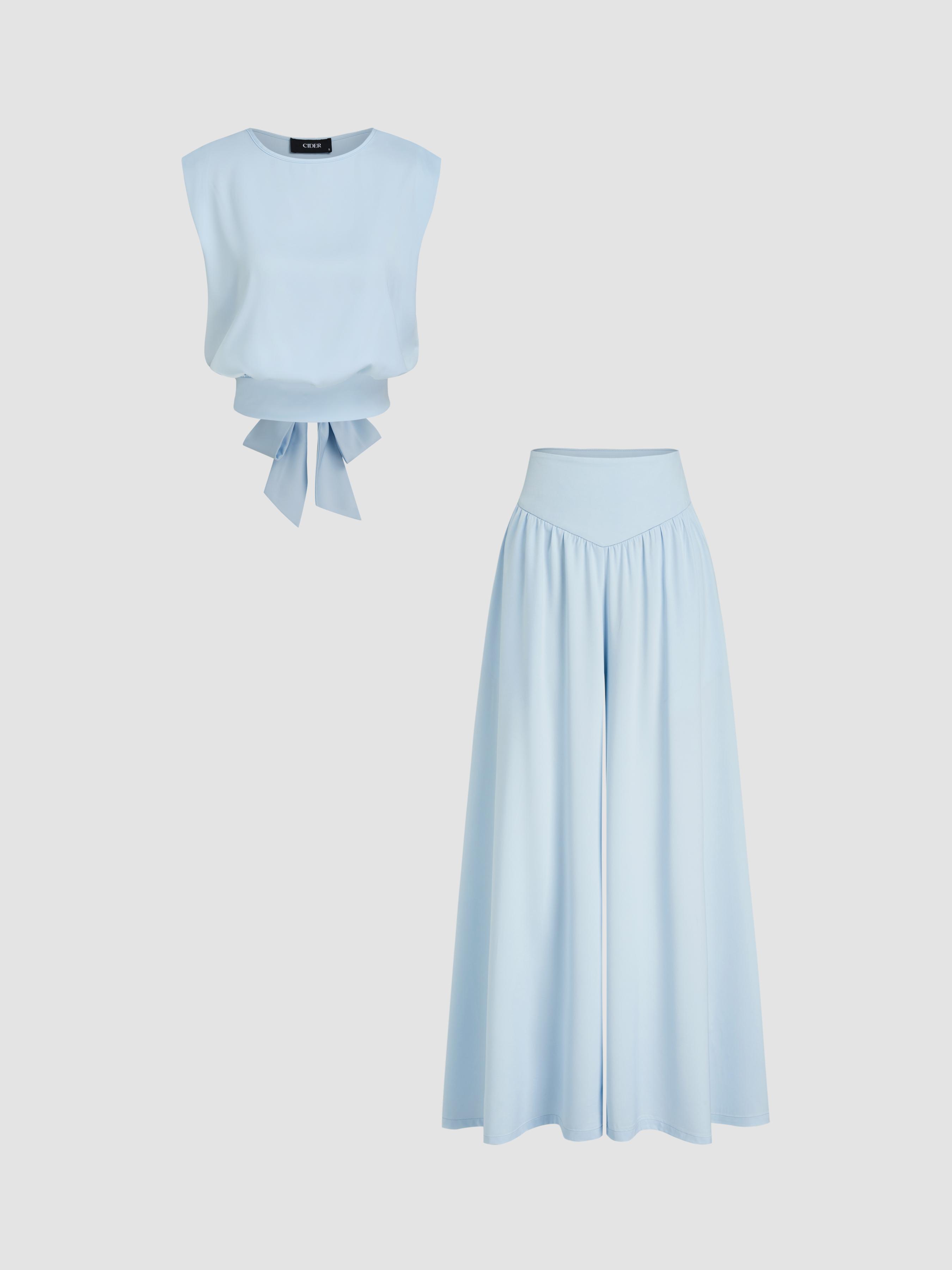 Satin Round Neckline Solid Knotted Top & Mid Rise Pocket Wide Leg Trousers Set by CIDER