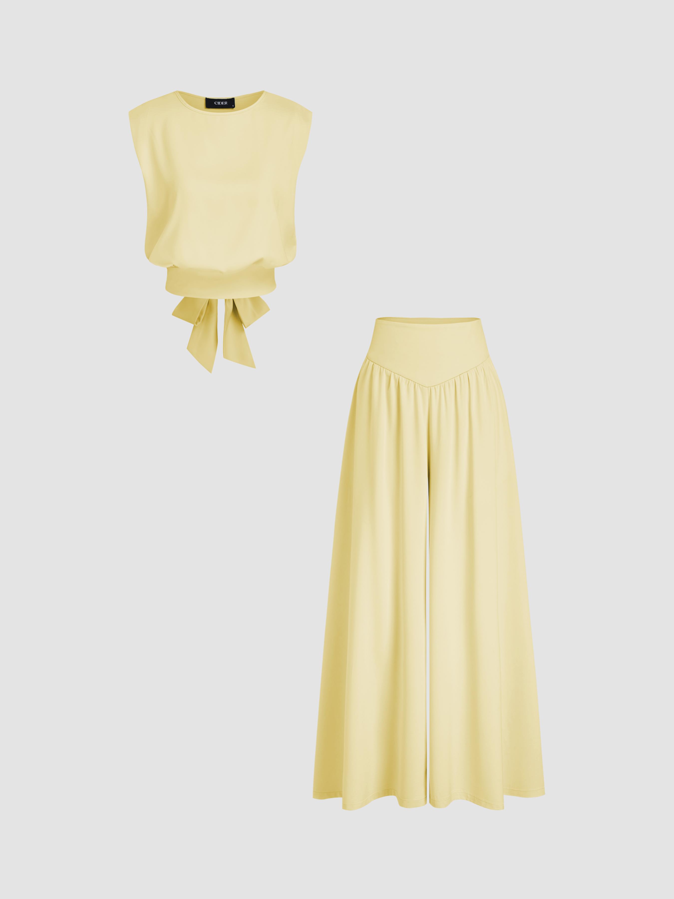 Satin Round Neckline Solid Knotted Top & Mid Rise Pocket Wide Leg Trousers Set by CIDER