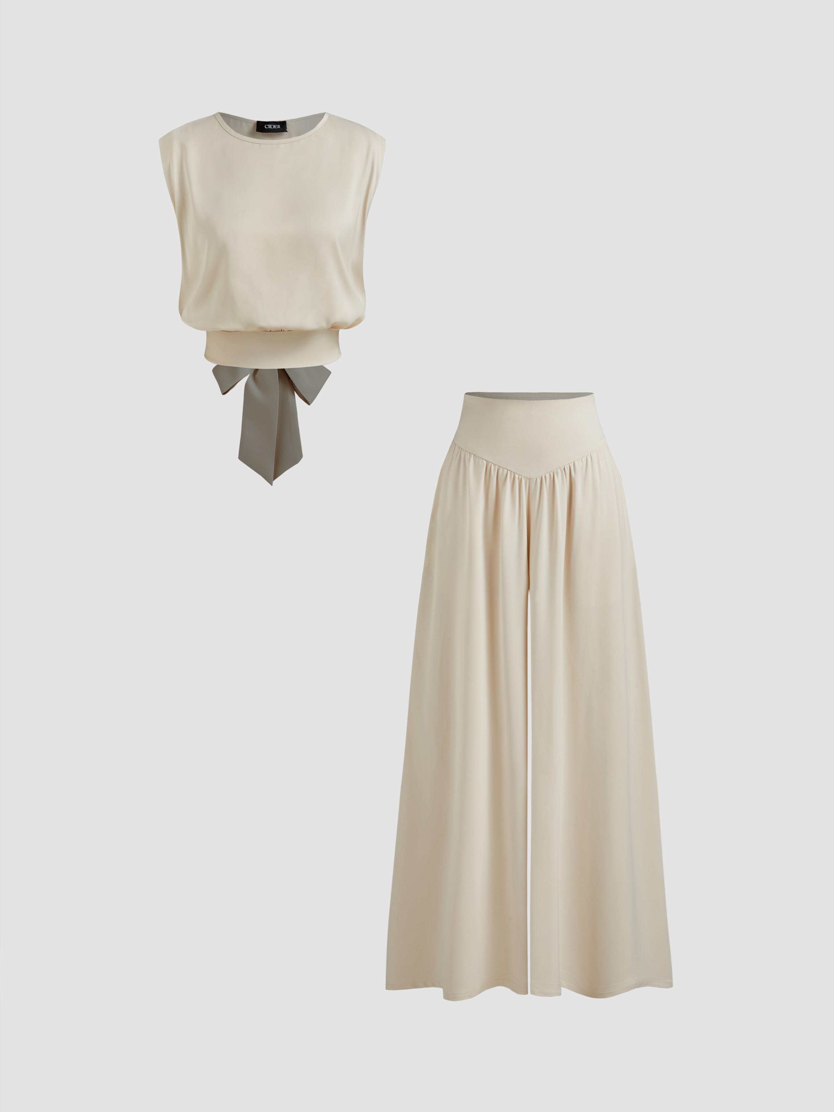 Satin Round Neckline Solid Knotted Top & Mid Rise Pocket Wide Leg Trousers Set by CIDER