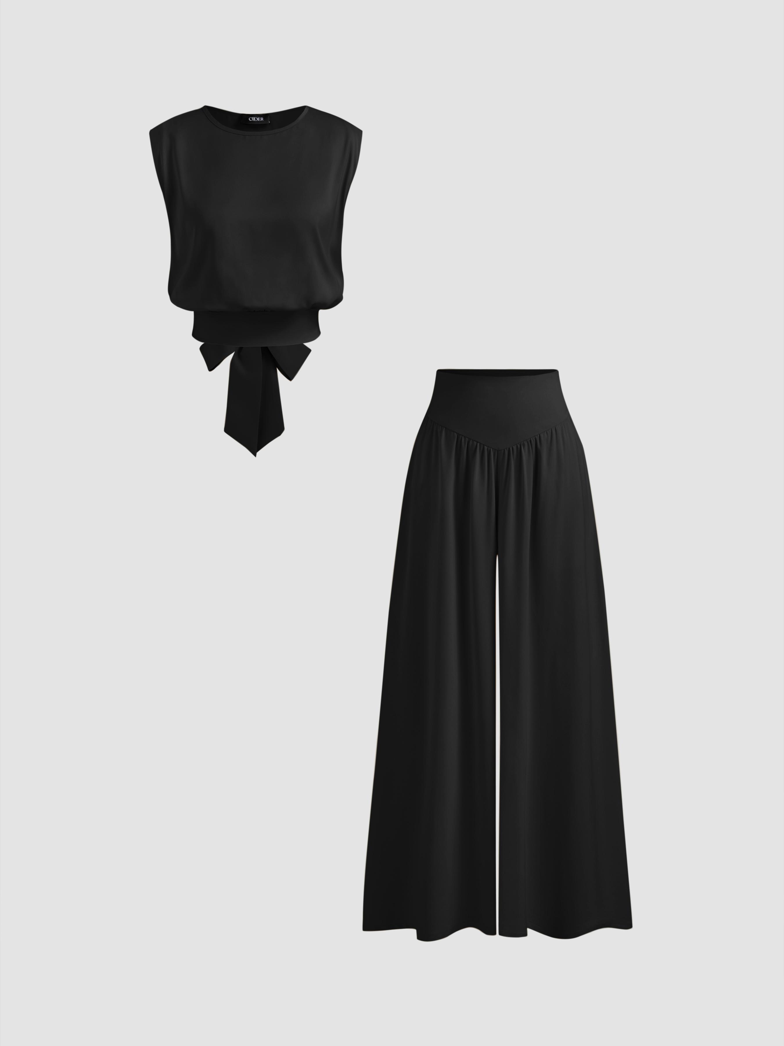 Satin Round Neckline Solid Knotted Top & Mid Rise Pocket Wide Leg Trousers Set by CIDER
