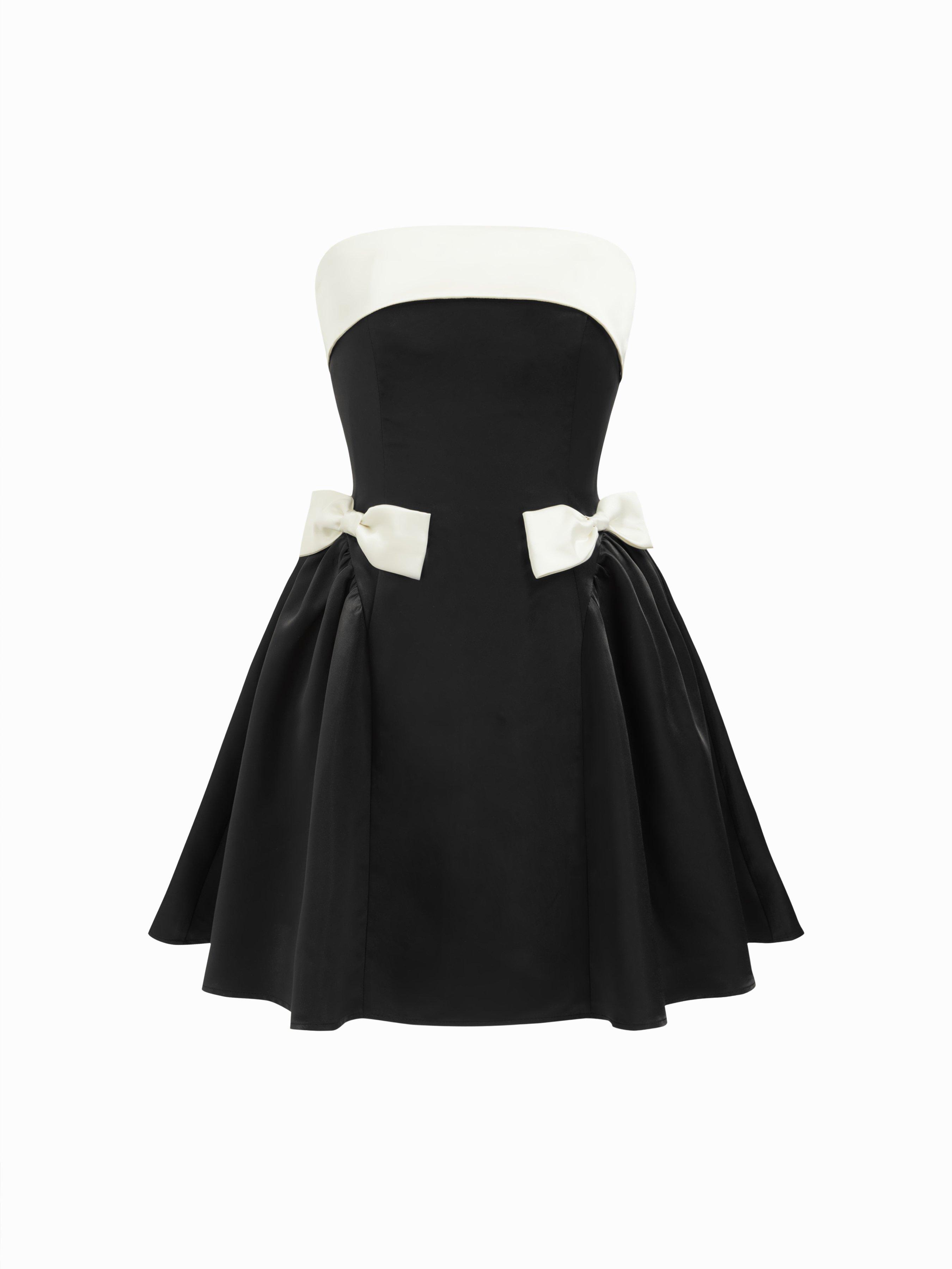Satin Sculptural Colorblock Bandeau Bowknot A-line Mini Dress by CIDER