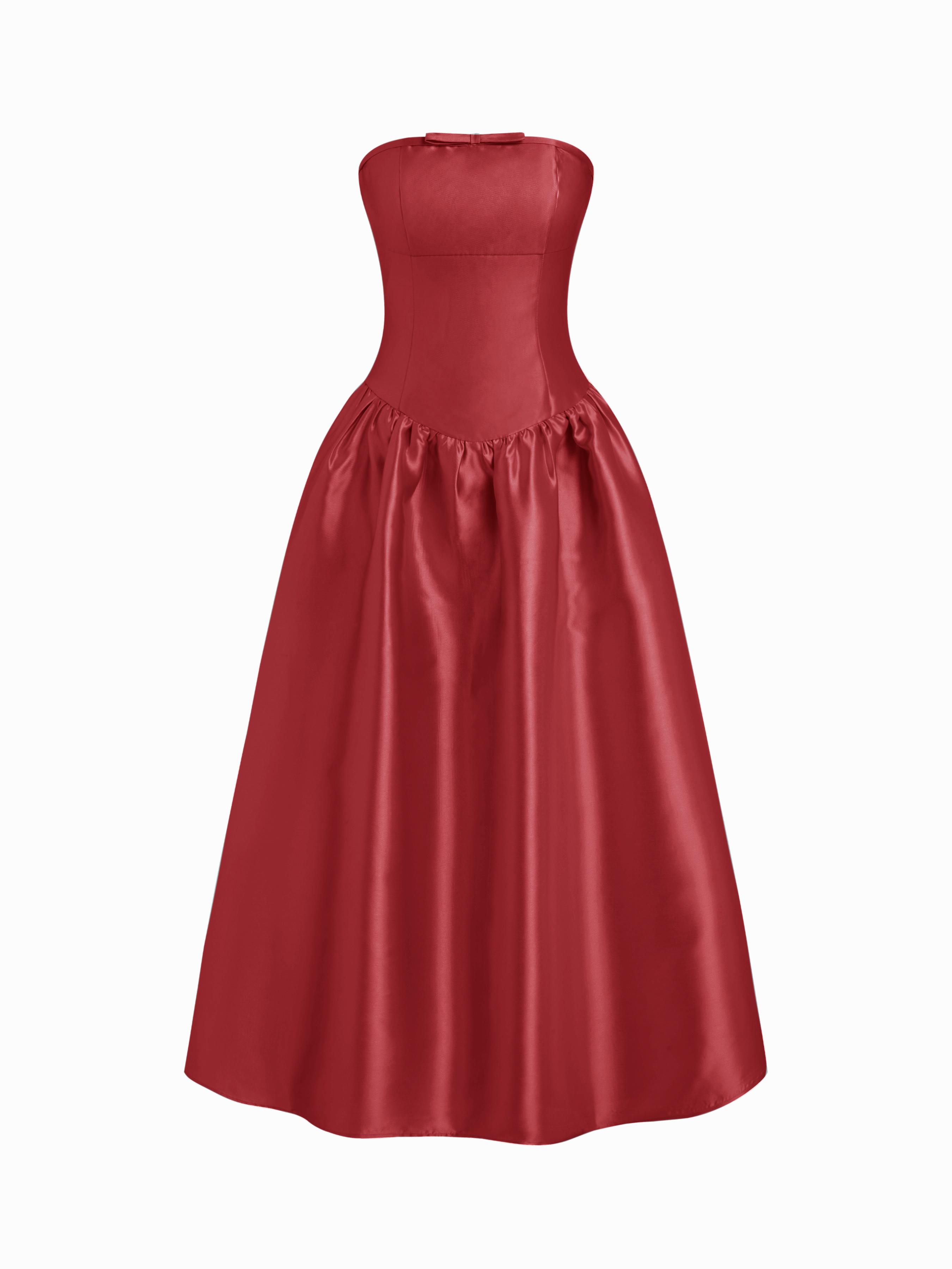 Satin Sculptural High Rise Strapless Bowknot Flared Maxi Dress by CIDER