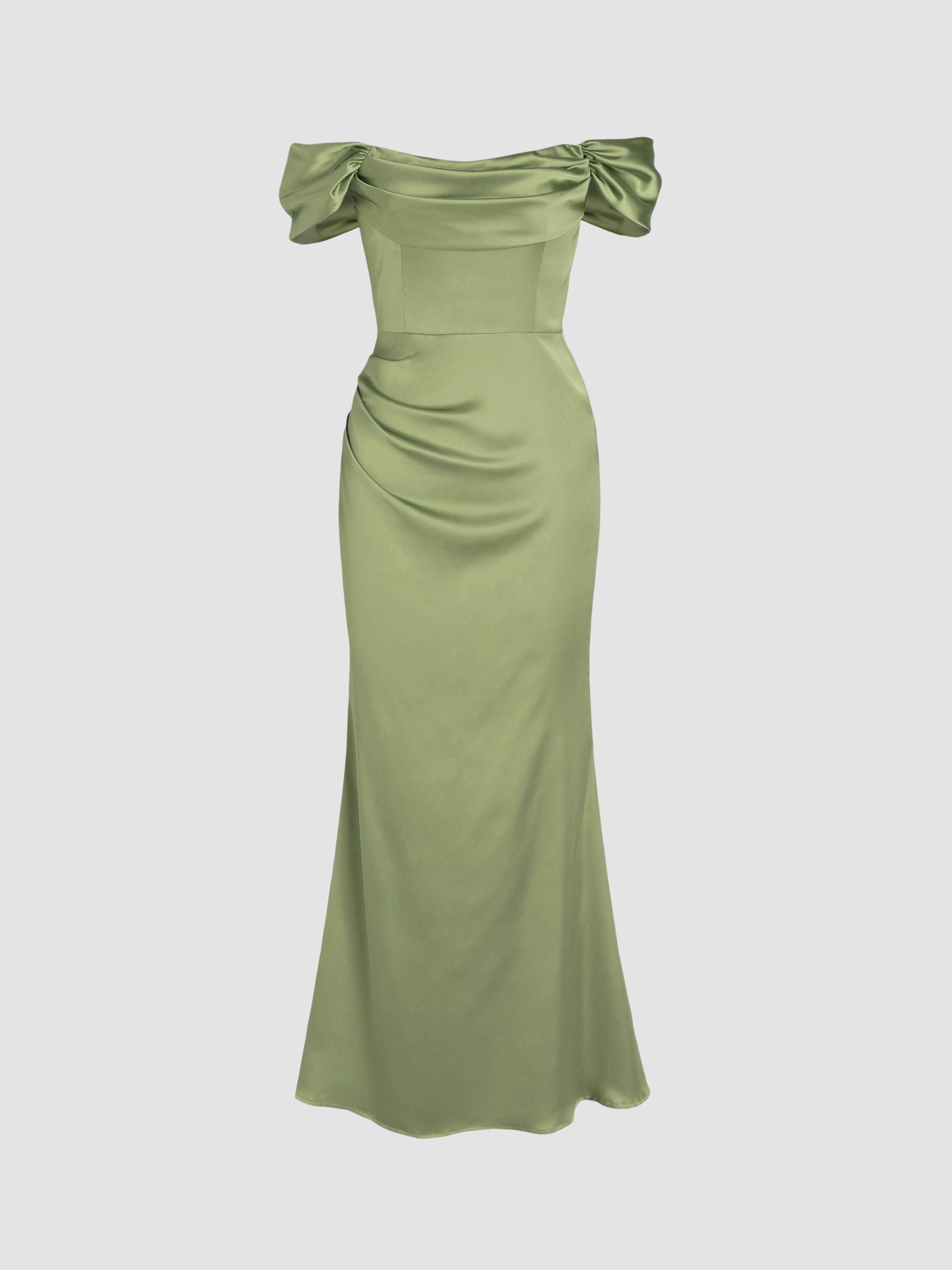 Satin Sculptural Ruched Off-shoulder Mermaid Maxi Dress by CIDER