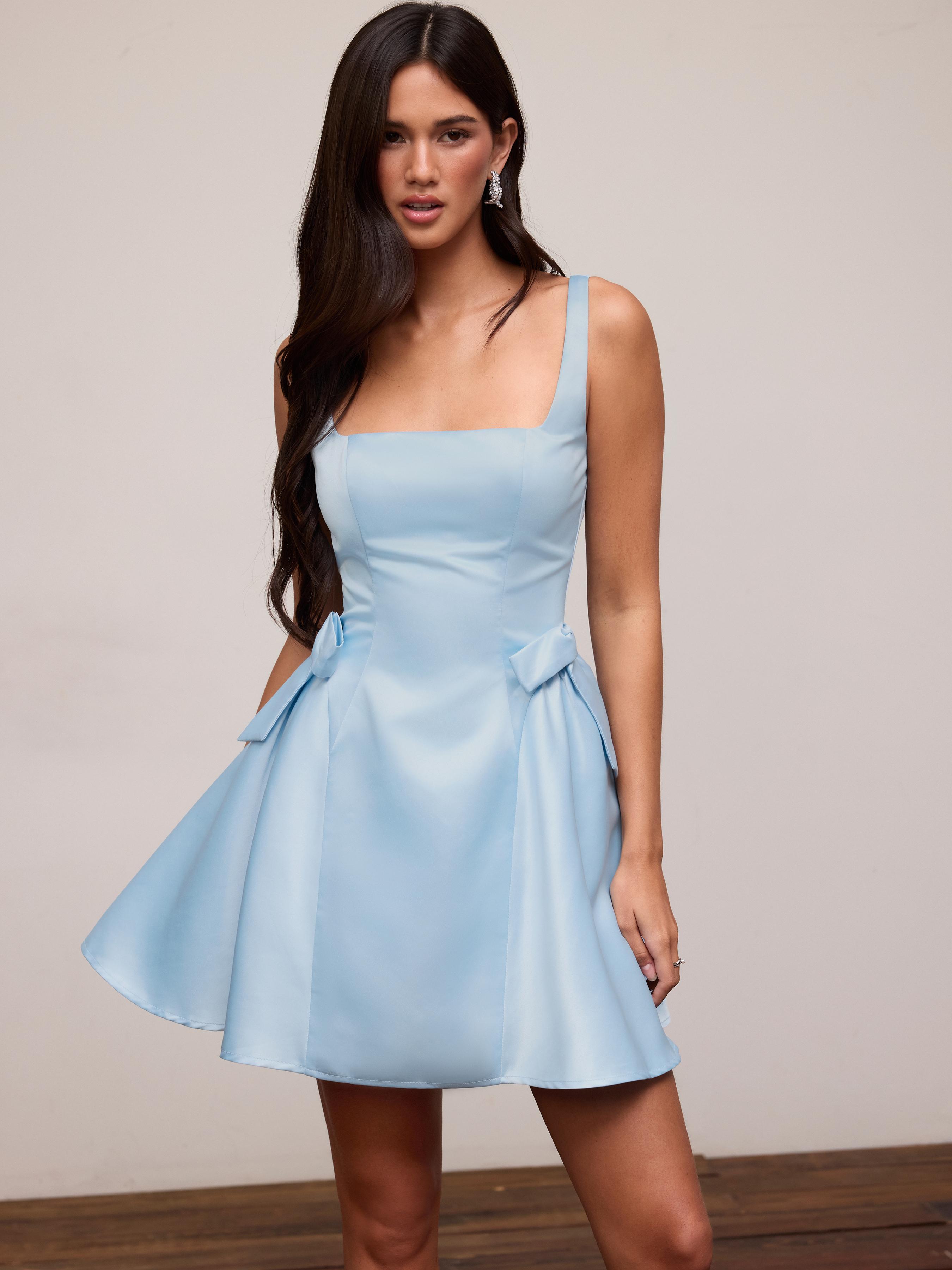 Satin Sculptural Square Neck Bowknot Flared Mini Dress by CIDER