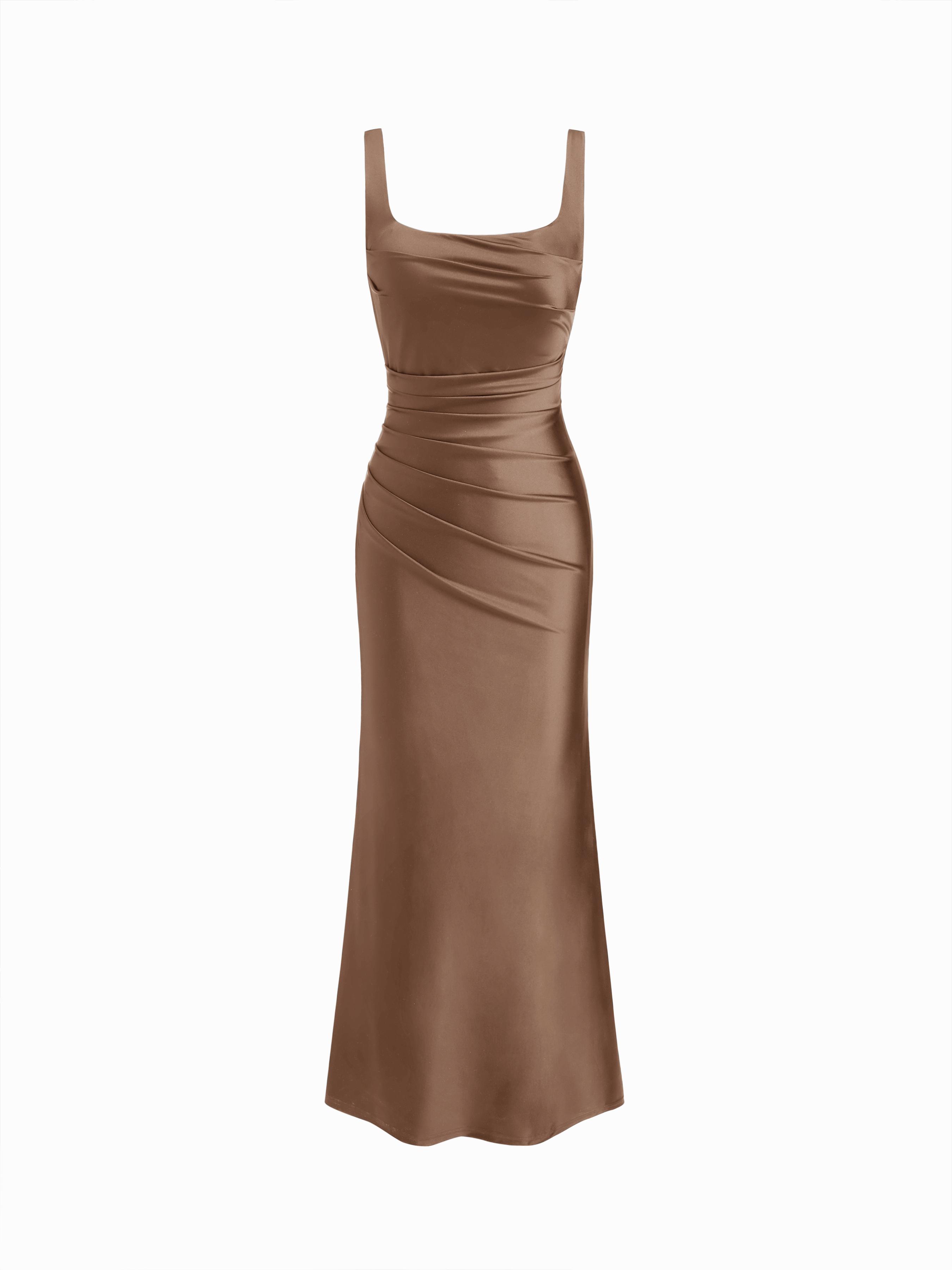 Satin Sculptural Square Neck Ruched Mermaid Maxi Dress by CIDER