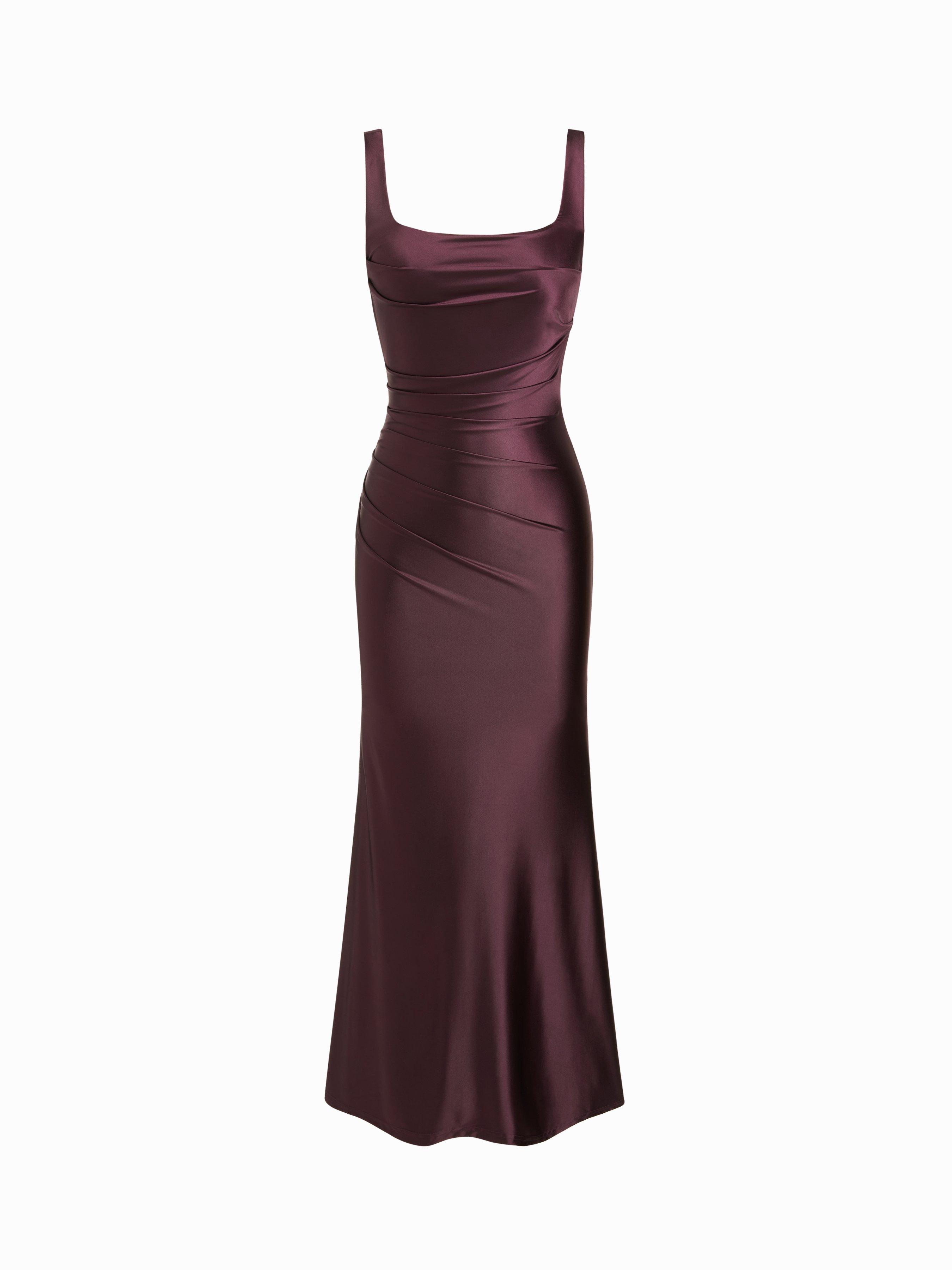 Satin Sculptural Square Neck Ruched Mermaid Maxi Dress by CIDER