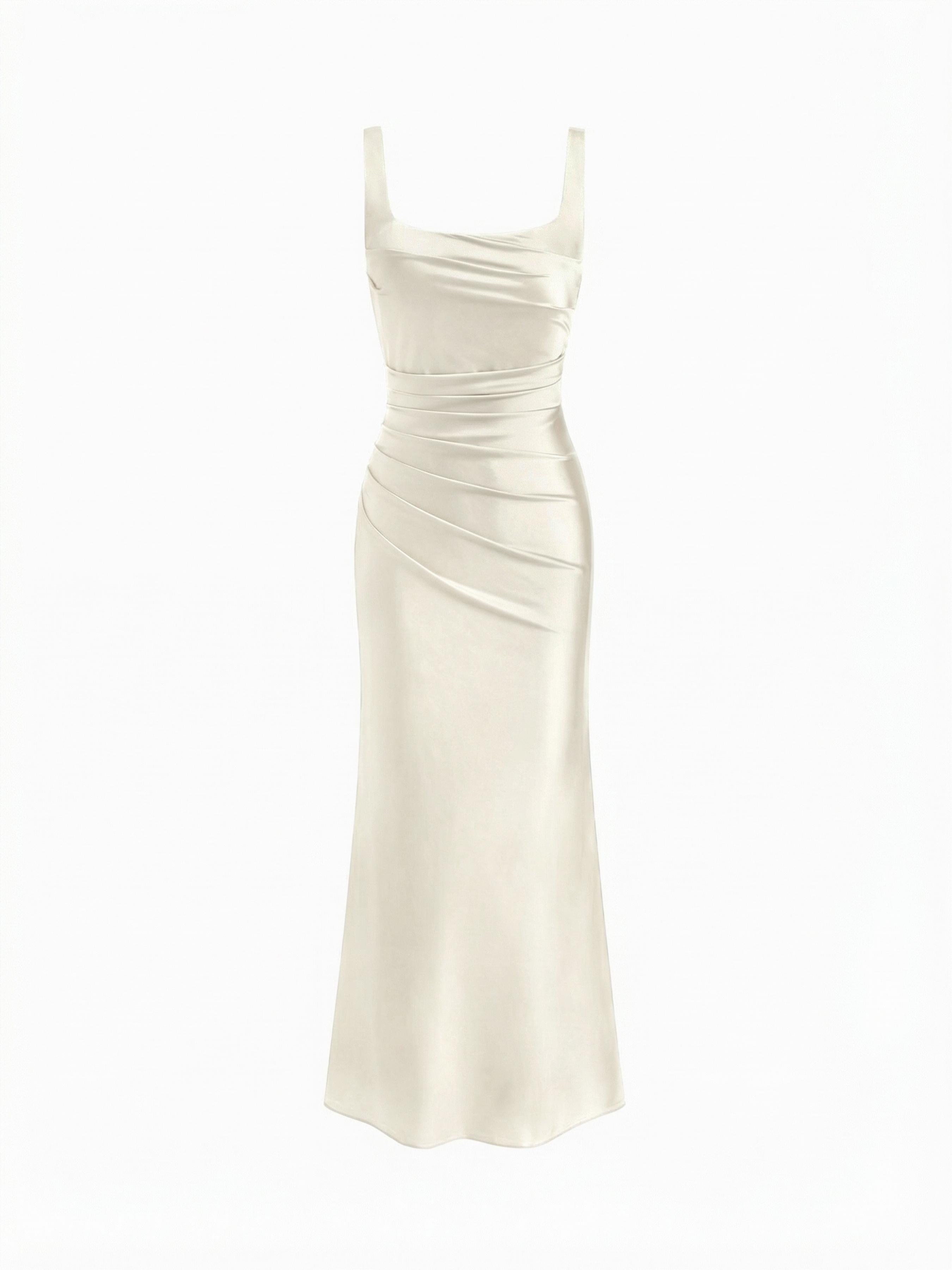 Satin Sculptural Square Neck Ruched Mermaid Maxi Dress by CIDER