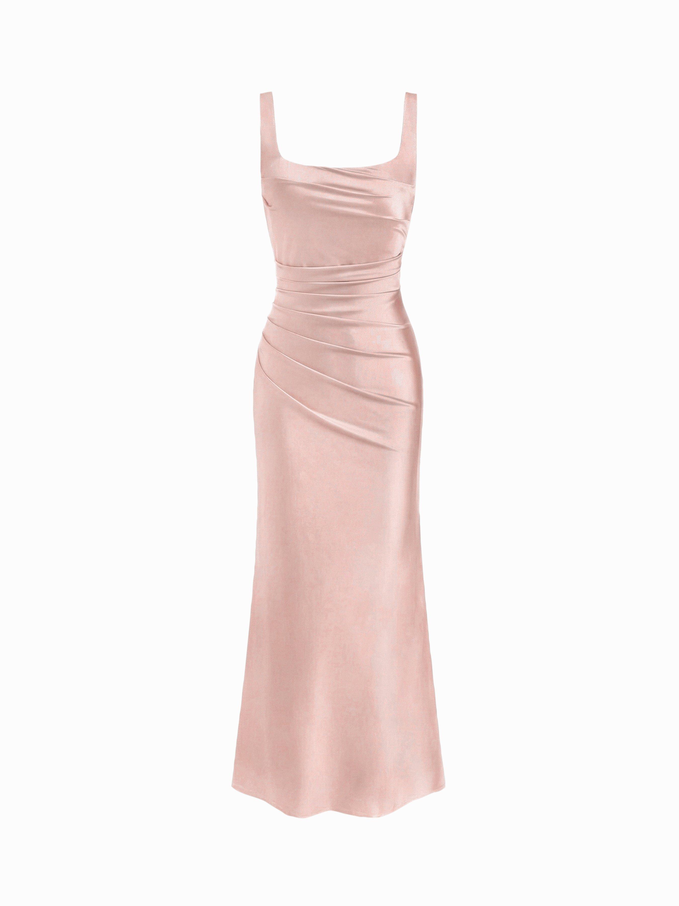 Satin Sculptural Square Neck Ruched Mermaid Maxi Dress by CIDER