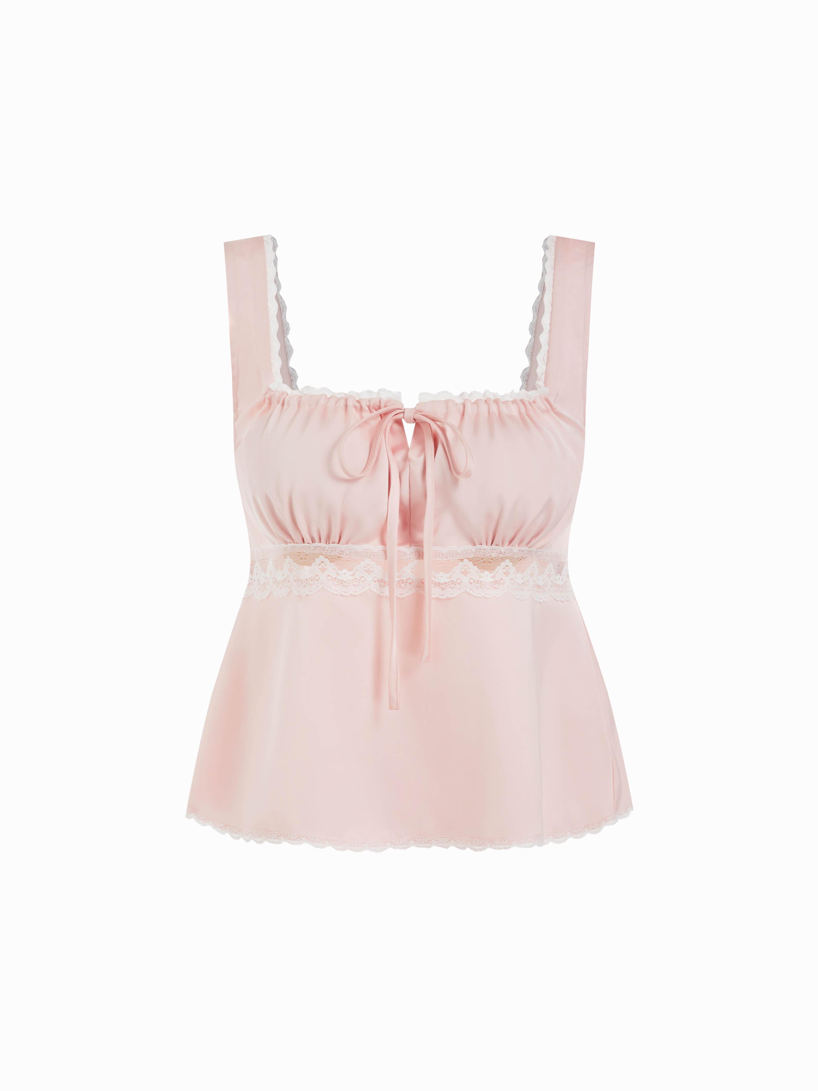Satin Square Neck Drawstring Lace Trim Tank Top by CIDER