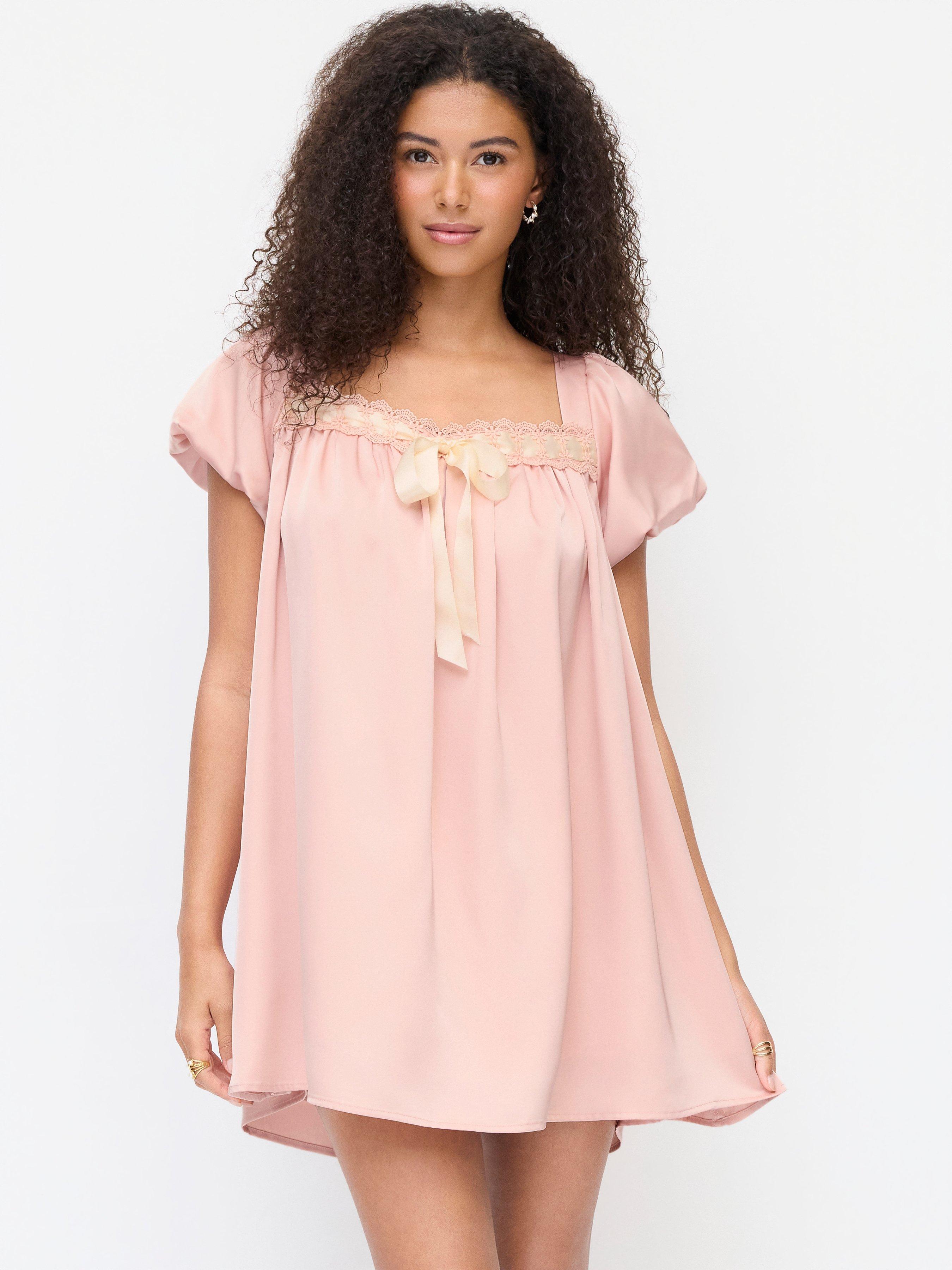 Satin Square Neck Puff Sleeve Bowknot Babydoll Mini Dress by CIDER